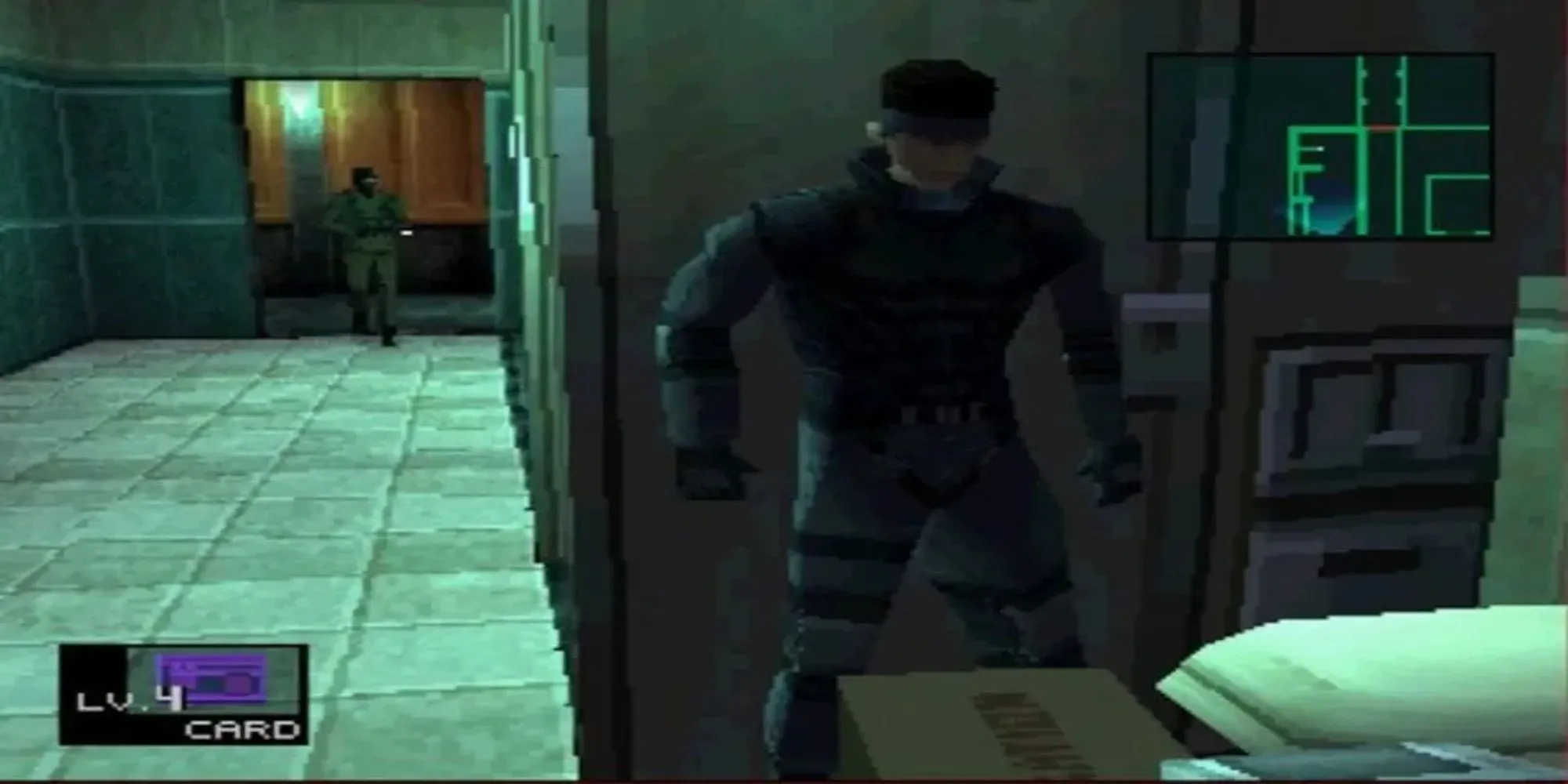 Metal Gear Solid - Solid Snake trong một phân cảnh hành động lén lút kinh điển của game PS1