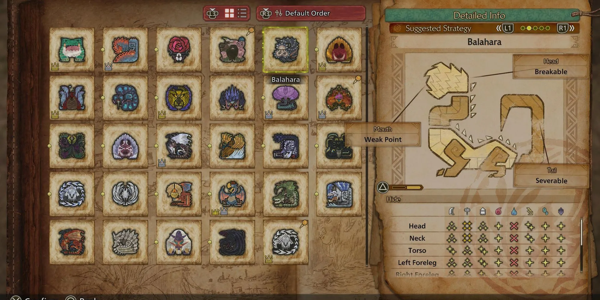 Minh họa điểm yếu của Balahara trong Monster Hunter Wilds, tập trung vào đầu và cổ