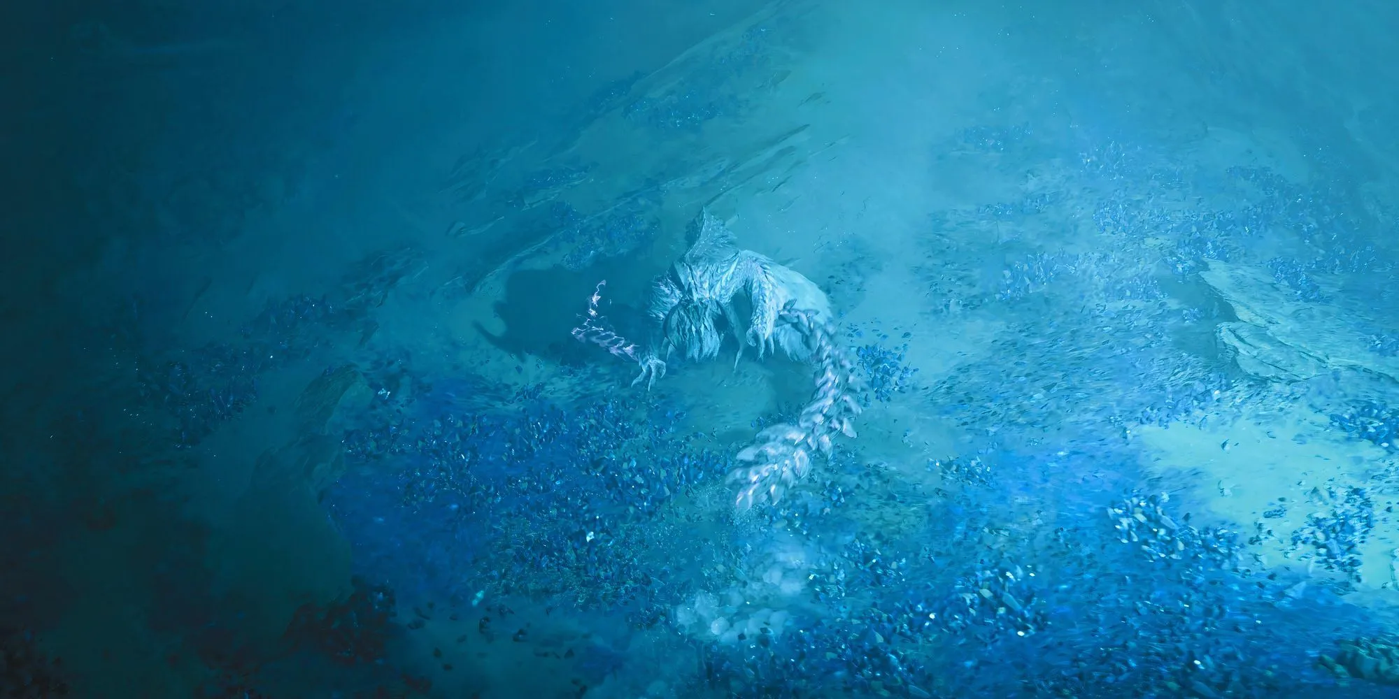 Một cảnh chiến đấu hoặc khám phá trong Monster Hunter Wilds nơi người chơi có thể tạm dừng game