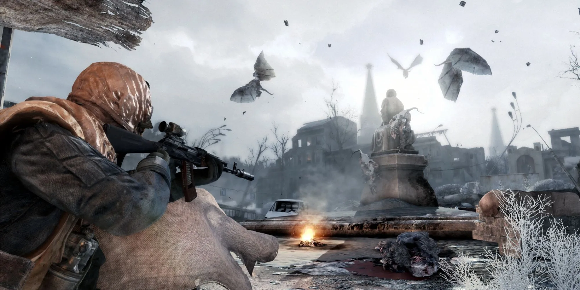 Một cảnh chiến đấu trong game Metro 2033 Redux với nhân vật đang nhắm bắn kẻ thù
