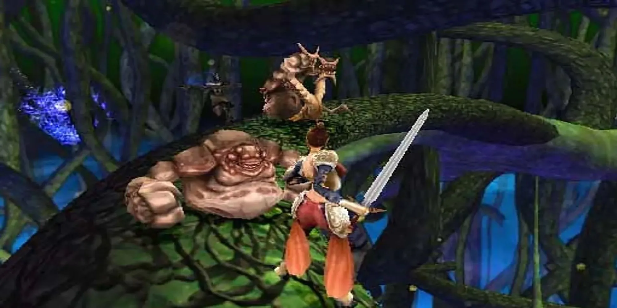 Một cảnh chiến đấu trong game Summoner trên PS2 với các nhân vật sử dụng phép thuật.