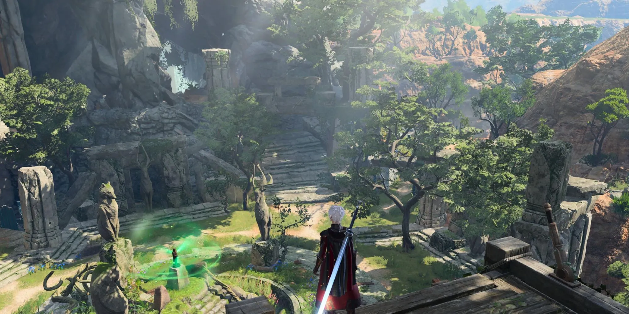 Một cảnh quan tuyệt đẹp trong Baldur's Gate 3 tại Emerald Grove với nhiều nhân vật và kiến trúc độc đáo