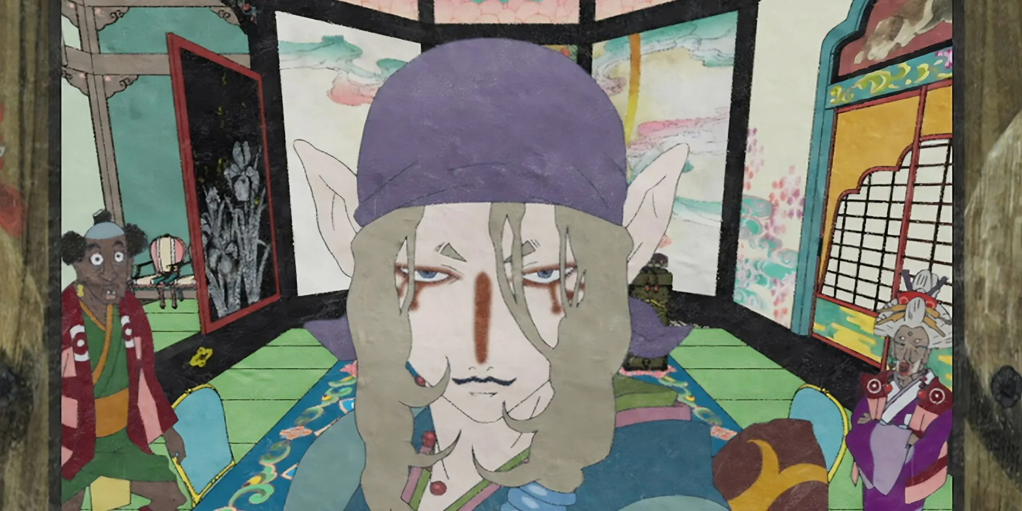 Một cảnh trong series anime Mononoke 2007 với phong cách nghệ thuật ukiyo-e
