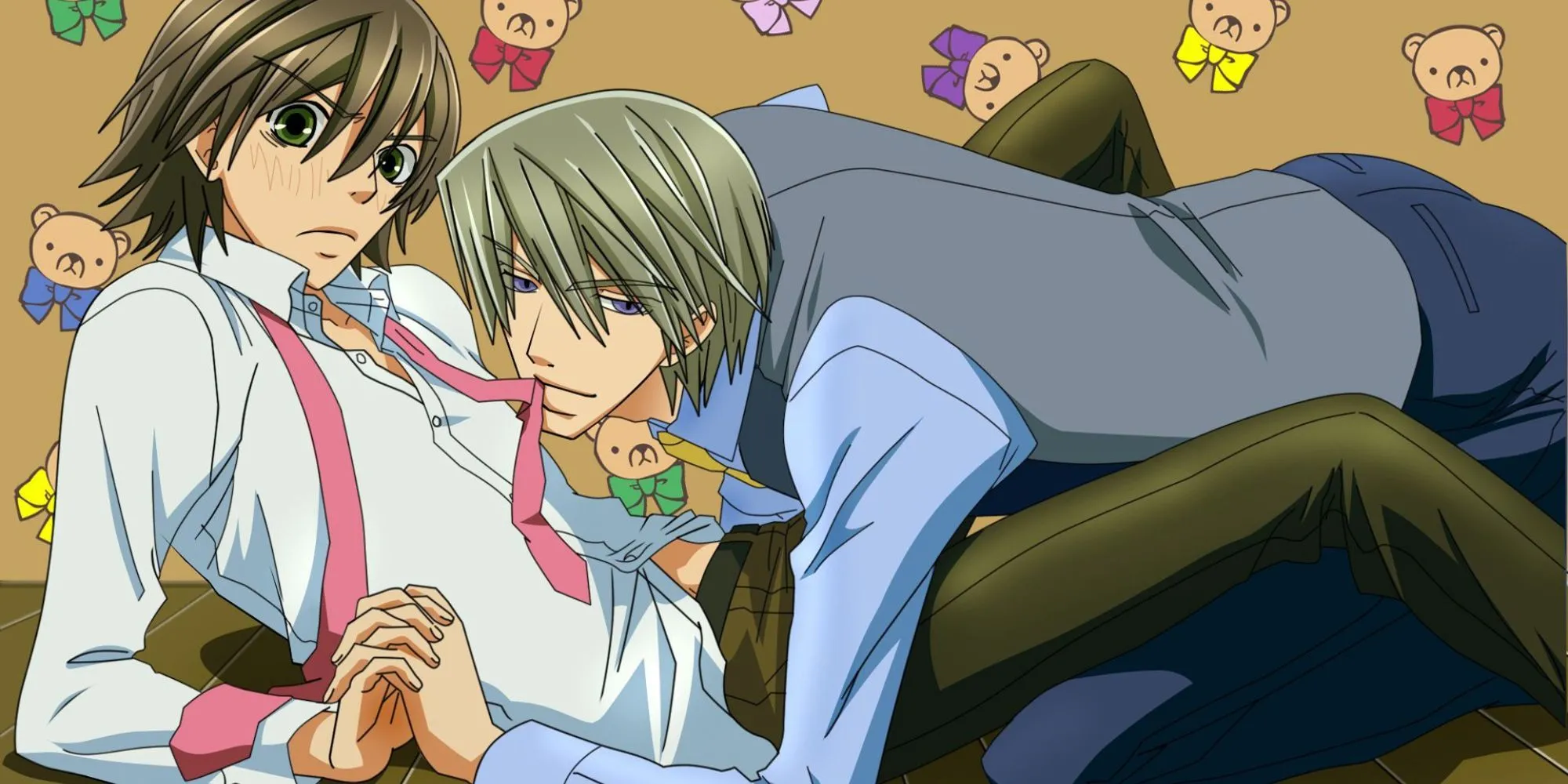 Một cặp đôi trong anime Junjou Romantica thể hiện tình cảm mãnh liệt