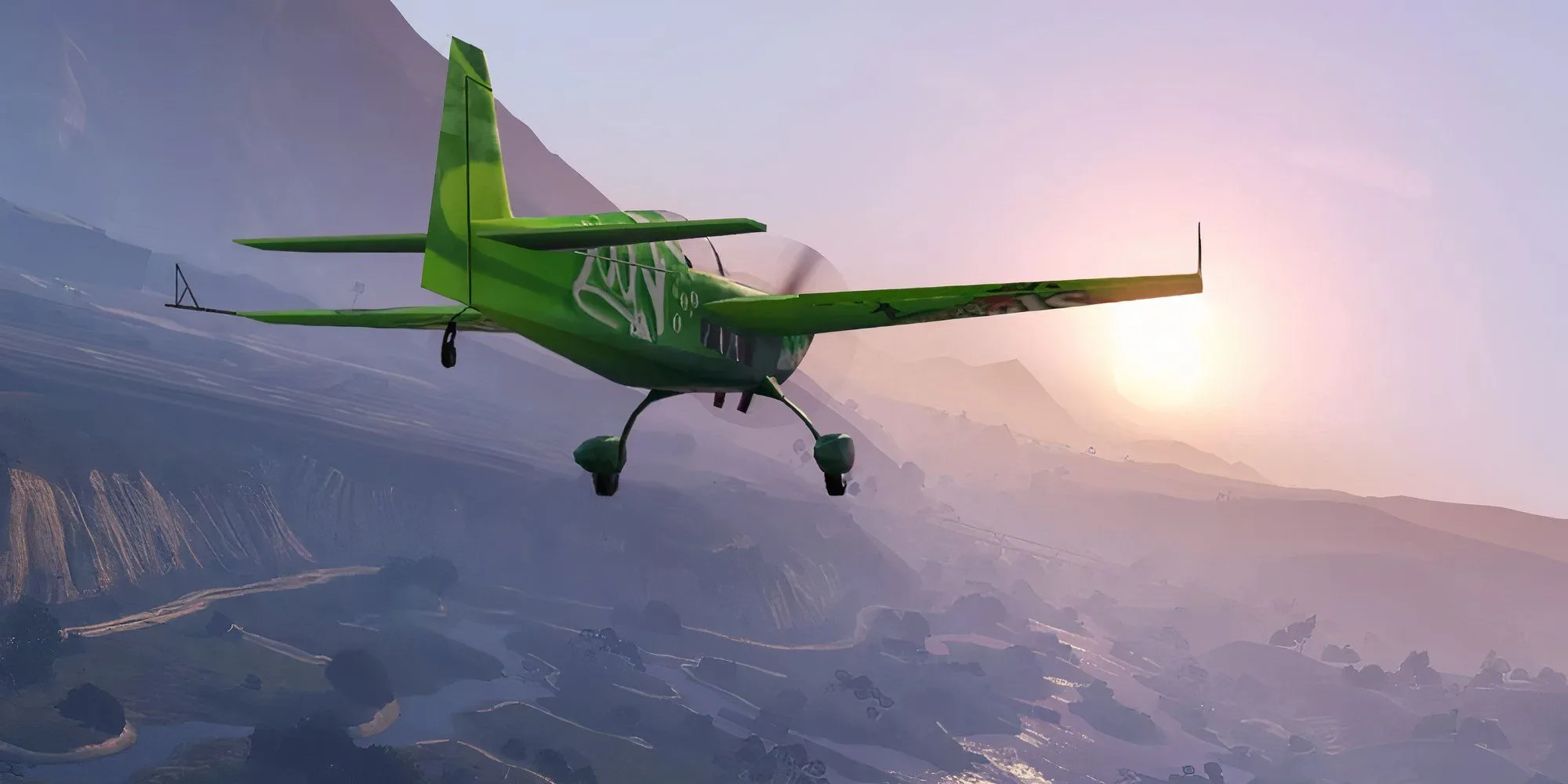 Một chiếc máy bay đang bay lượn trên bầu trời Los Santos trong Grand Theft Auto 5, phía dưới là thành phố rộng lớn.
