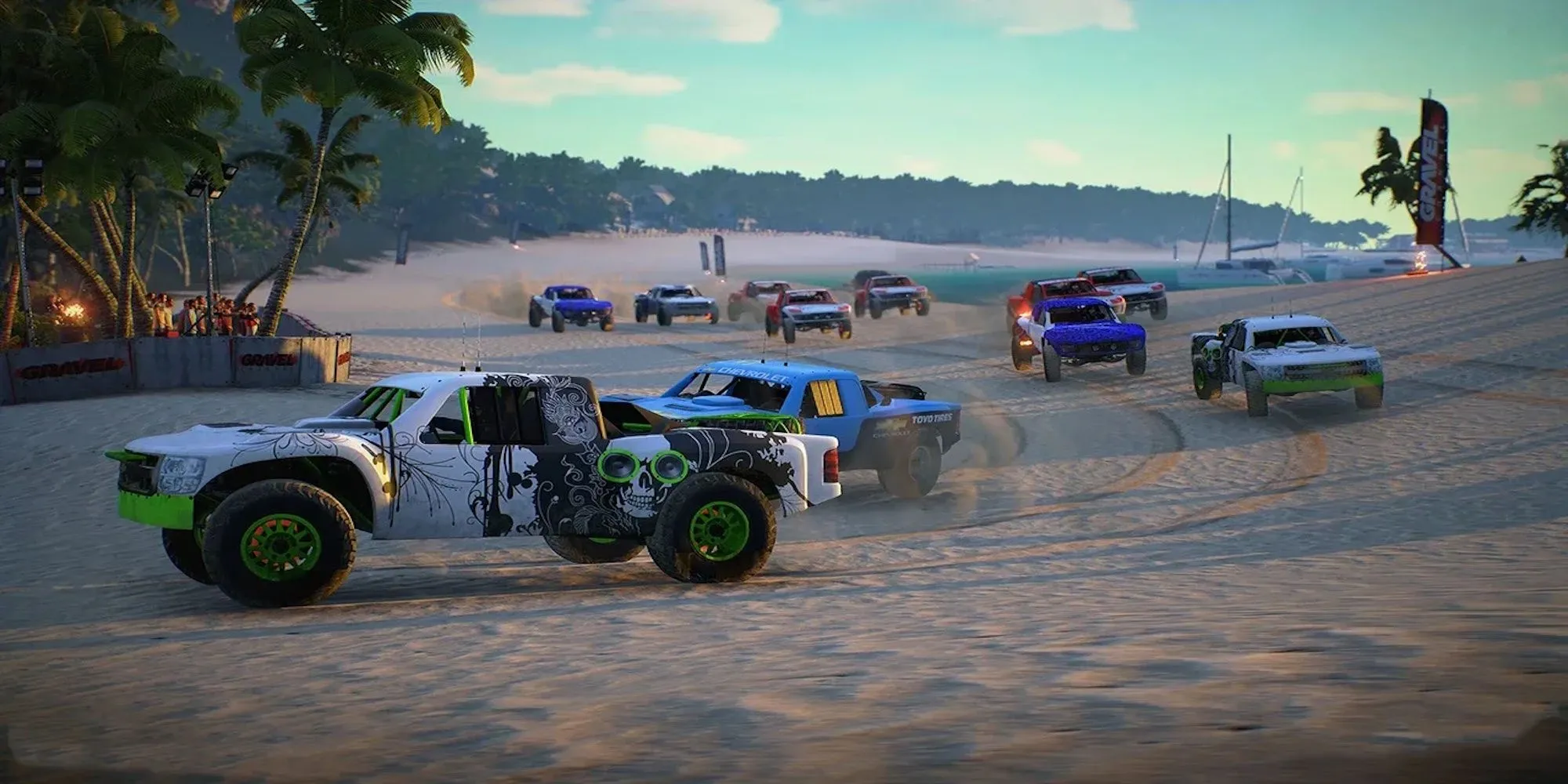 Một chiếc xe bán tải đang bay qua gò đất trên một đường đua sa mạc trong game Gravel.