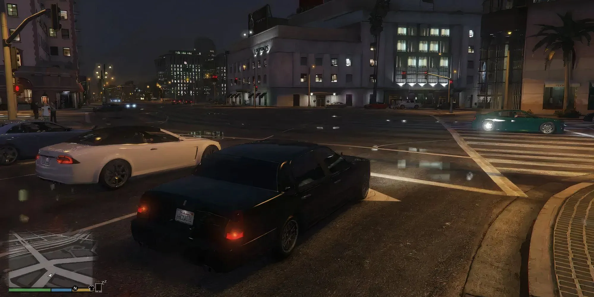 Một chiếc xe hơi đang lái trên đường phố Los Santos trong GTA 5, phản chiếu ánh nắng mặt trời.