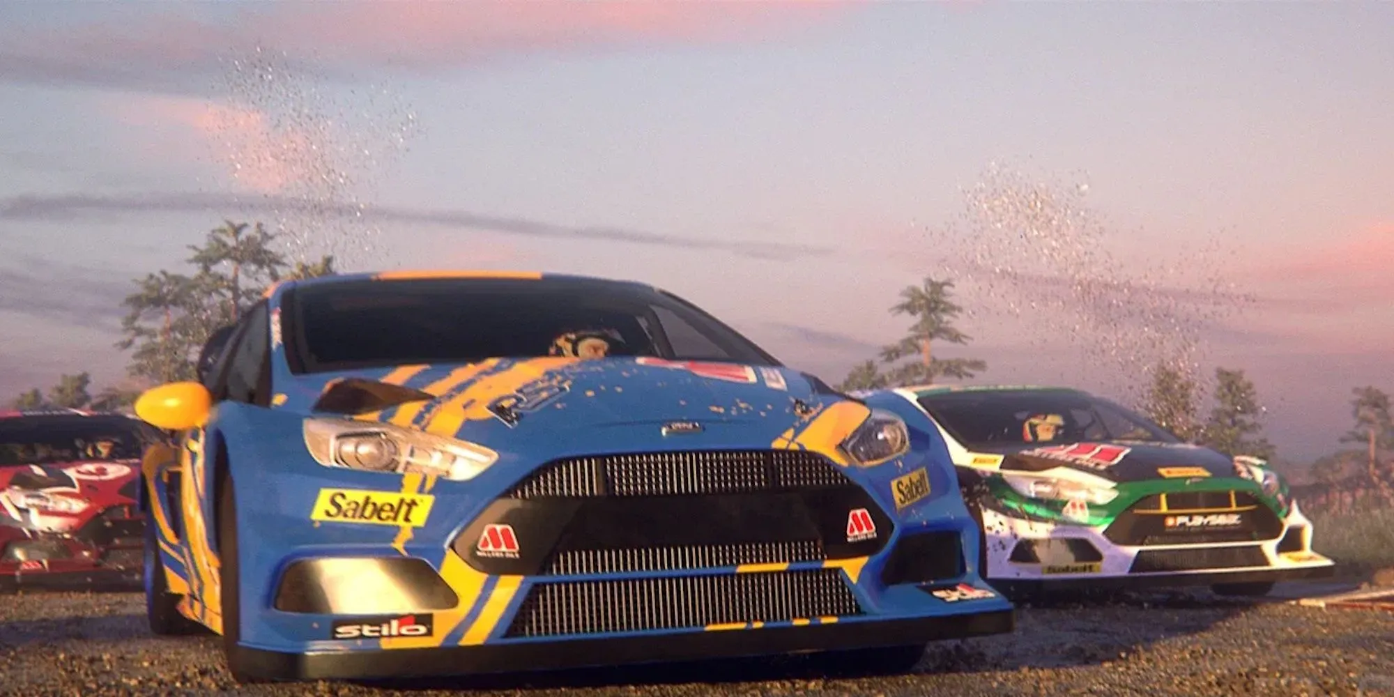Một chiếc xe rally đang thực hiện cú nhảy ngoạn mục trên đường đua đất trong game V-Rally 4.