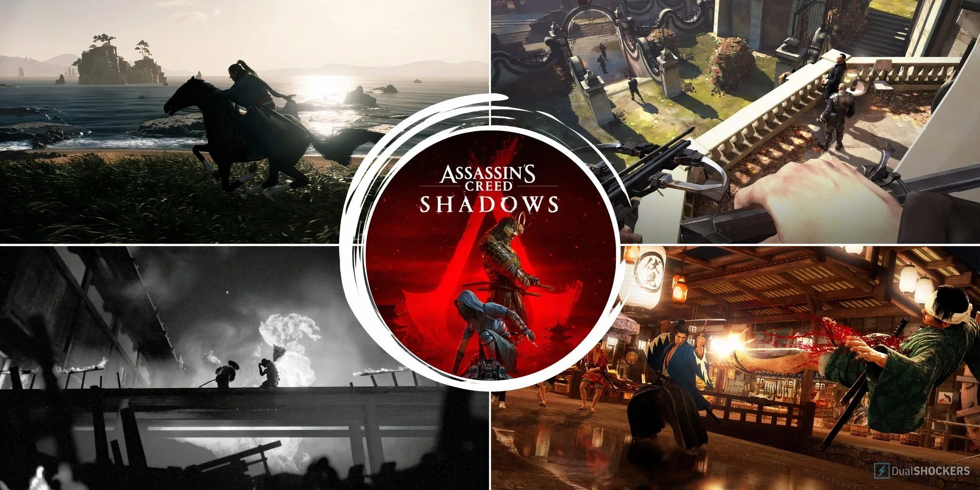 Một chiến binh samurai với kiếm katana và một shinobi với kusarigama trong Assassin's Creed Shadows
