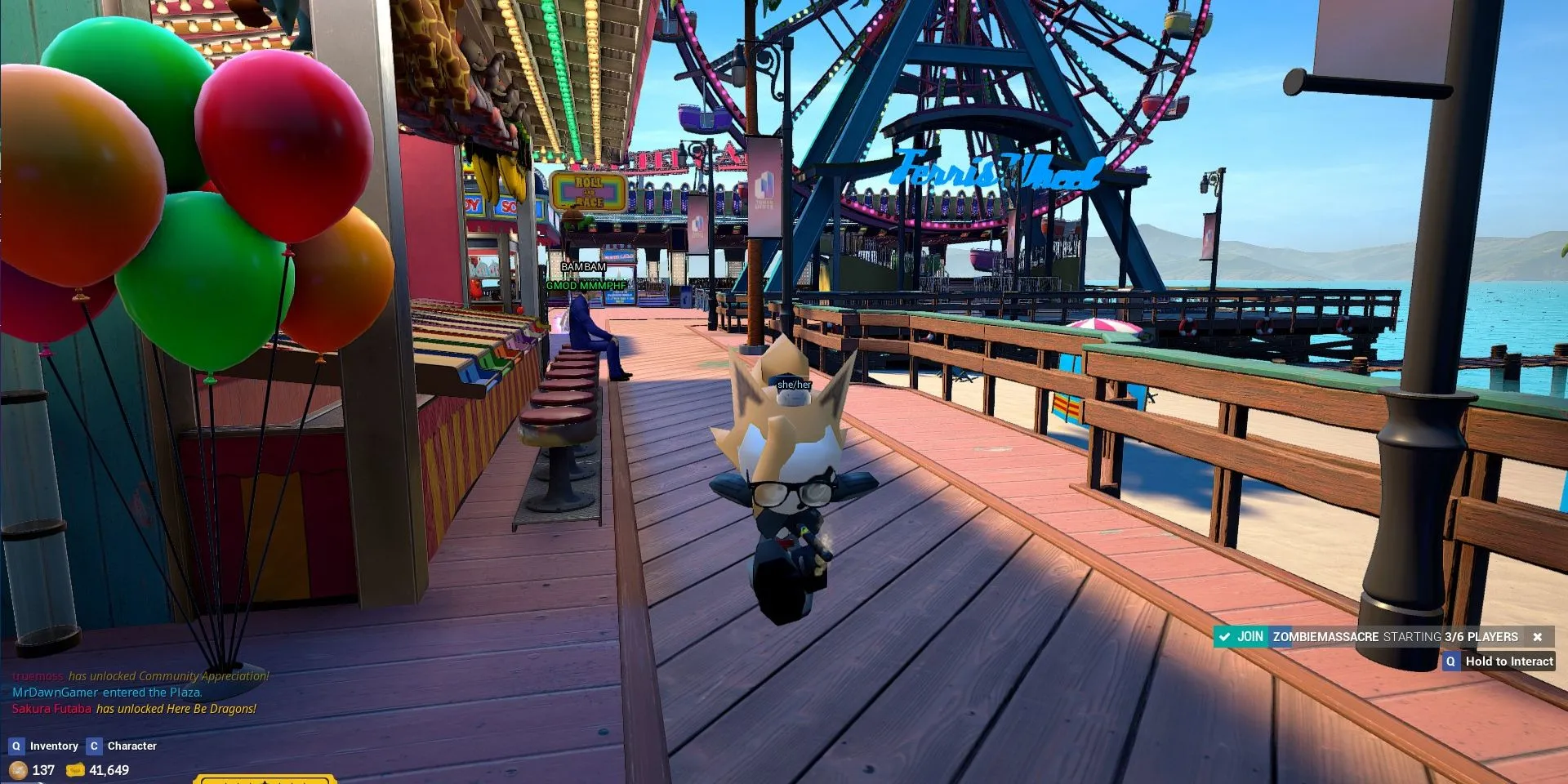 Một mô hình Whisper the Wolf đang nhảy múa trên Boardwalk trước vòng đu quay và Phoenix Wright trong Tower Unite.
