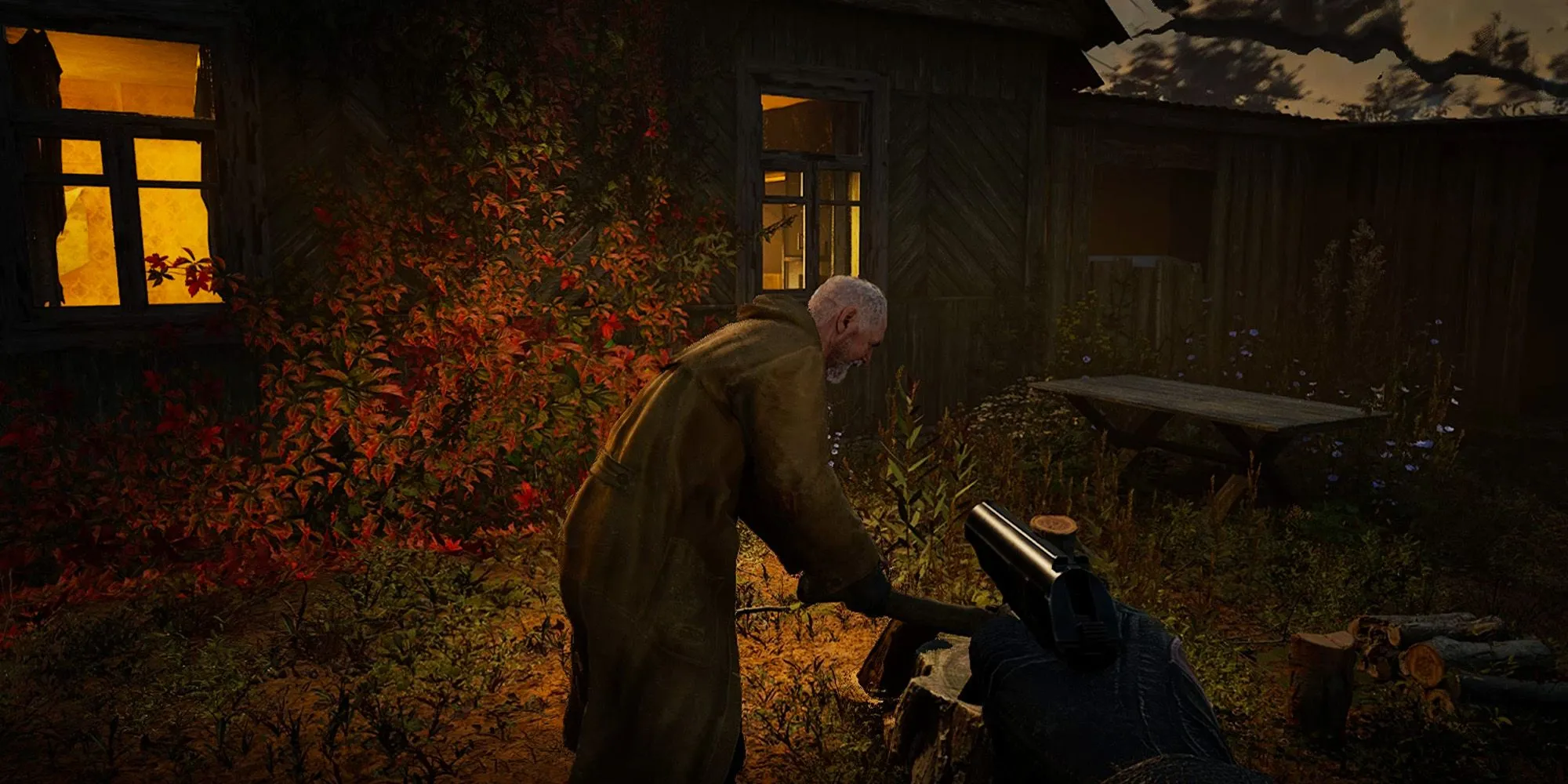 Một stalker trong STALKER 2 Heart Of Chornobyl nhìn ra vùng đất hoang tàn với dị tượng trên bầu trời
