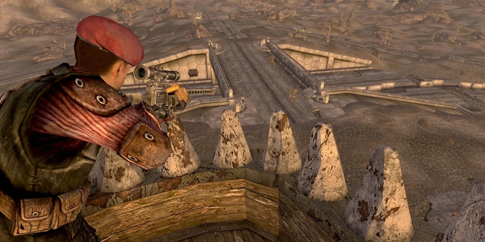 Một tay bắn tỉa nhìn ra vùng đất hoang Mojave trong Fallout New Vegas, game có thể hoàn thành bằng đối thoại