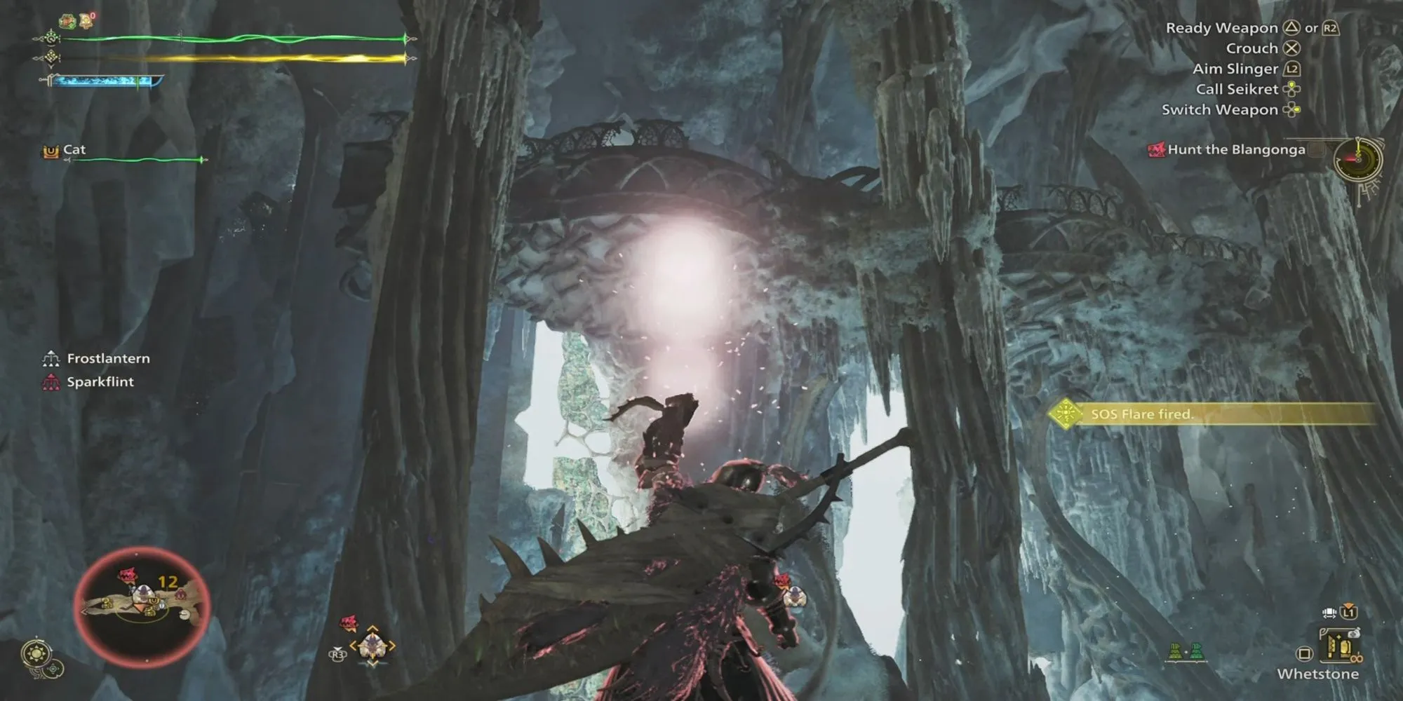 Một thợ săn trong Monster Hunter Wilds bắn pháo hiệu SOS lên trời, báo hiệu cho các người chơi khác tham gia cuộc săn, điều này cũng làm tăng độ khó của quái vật.