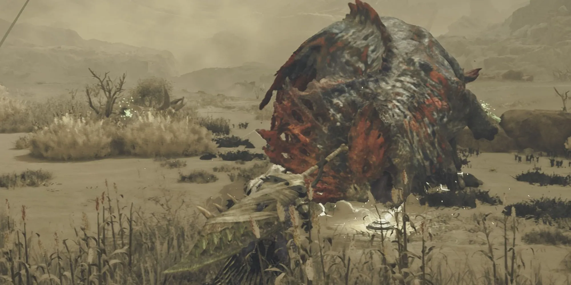Một thợ săn trong Monster Hunter Wilds đang đặt Bẫy Sốc (Shock Trap) một cách chiến thuật để bắt giữ quái vật.
