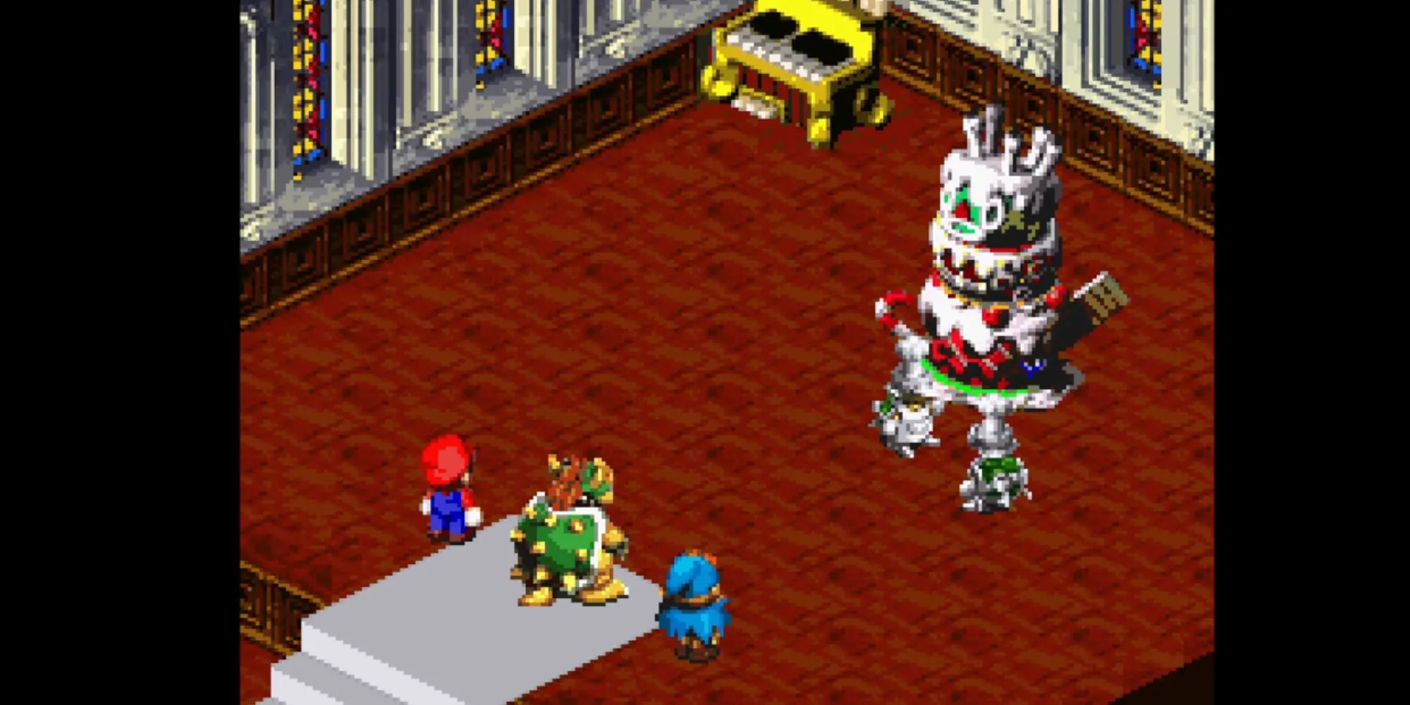 Một trận chiến trong Super Mario RPG với Mario, Mallow và Geno