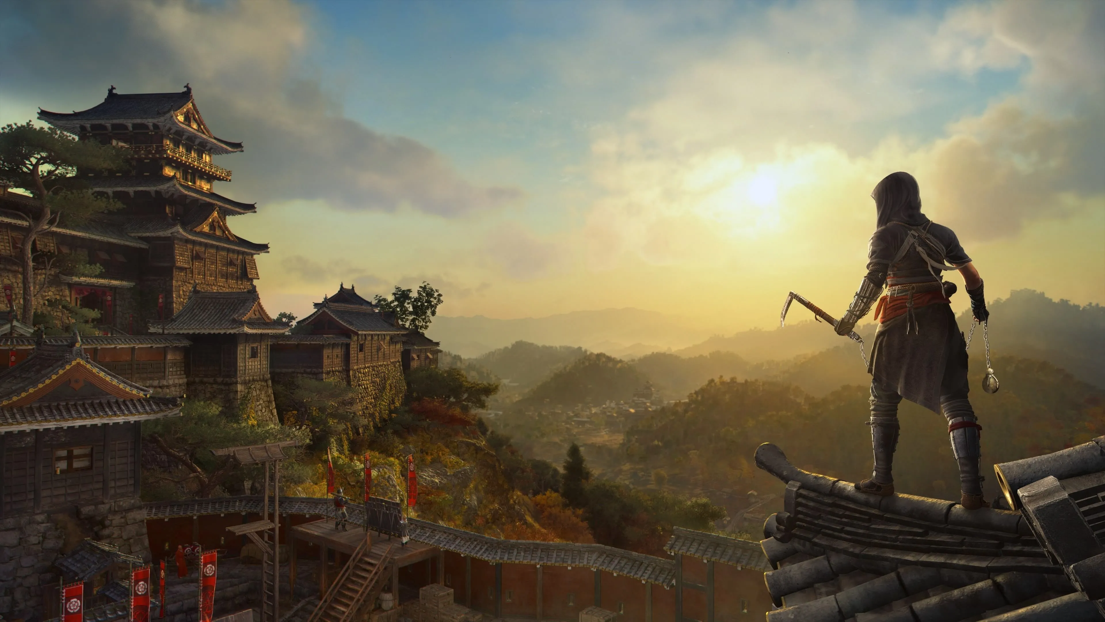 Naoe đứng trên mỏm đá nhìn ra khung cảnh hùng vĩ của Nhật Bản trong Assassin's Creed Shadows