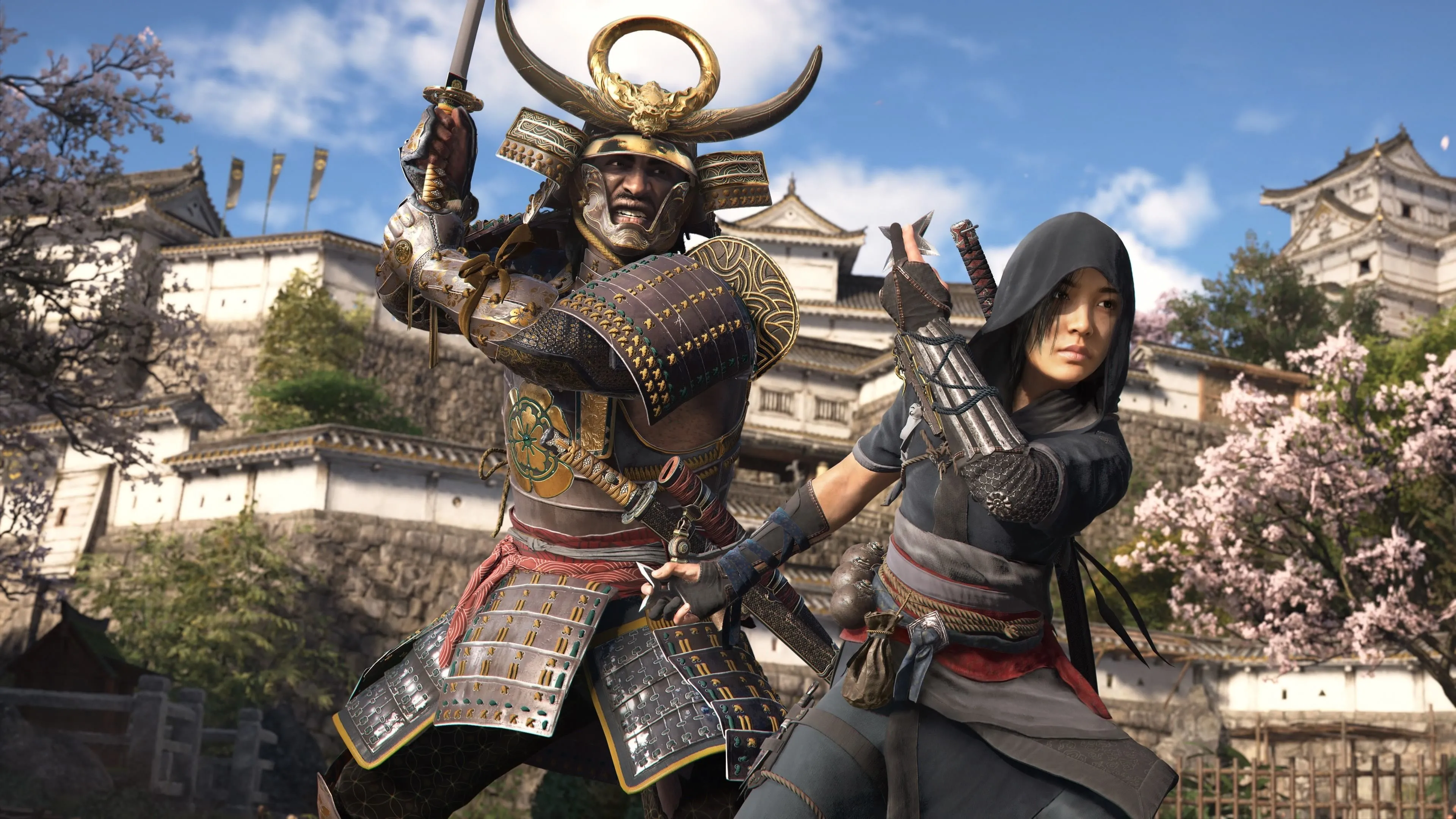 Naoe và Yasuke đứng cạnh nhau trong Assassin's Creed Shadows, thể hiện sự đối lập giữa hai nhân vật