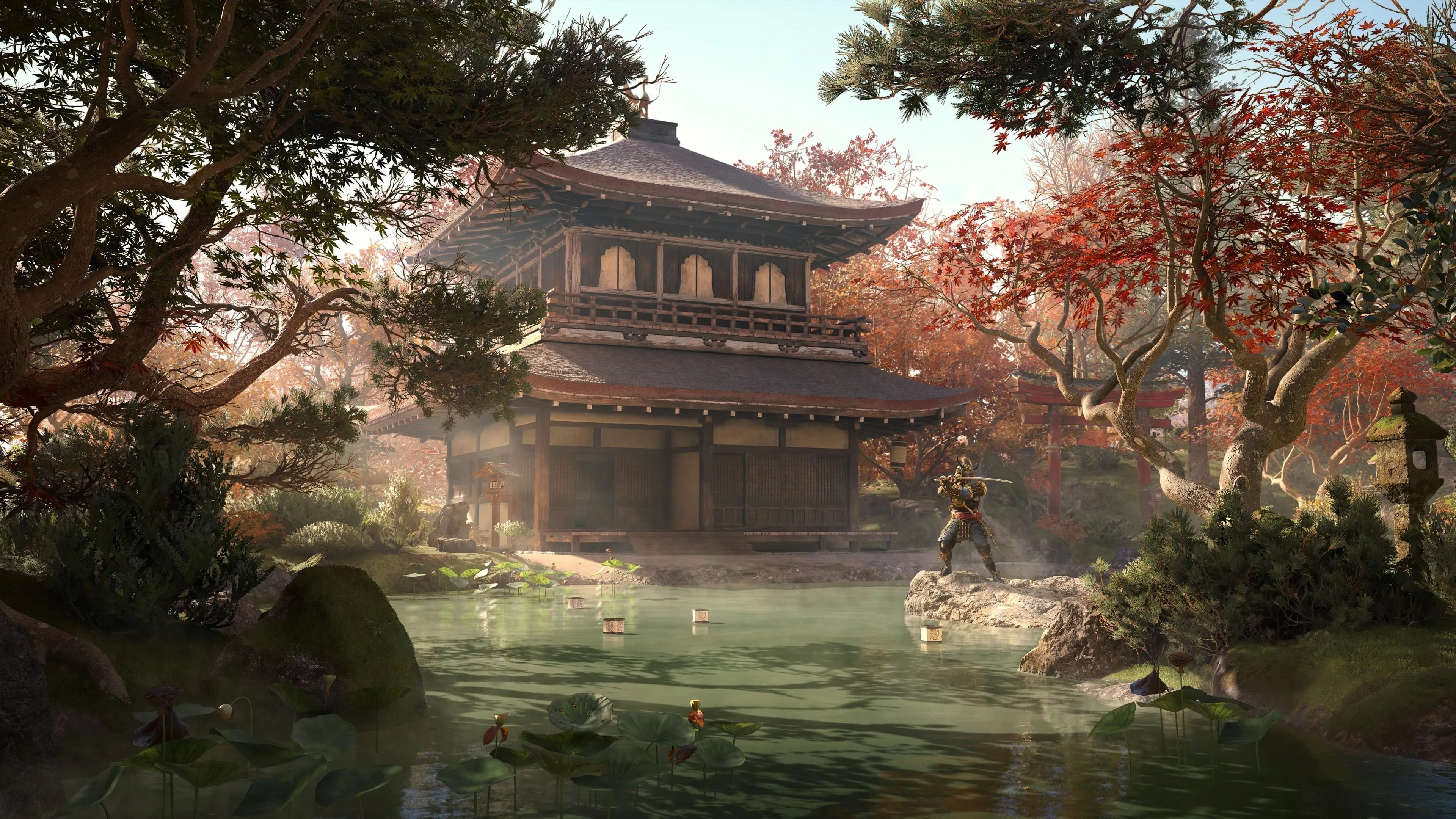 Ngôi chùa cổ kính trong Assassin's Creed Shadows giữa khung cảnh núi non Nhật Bản
