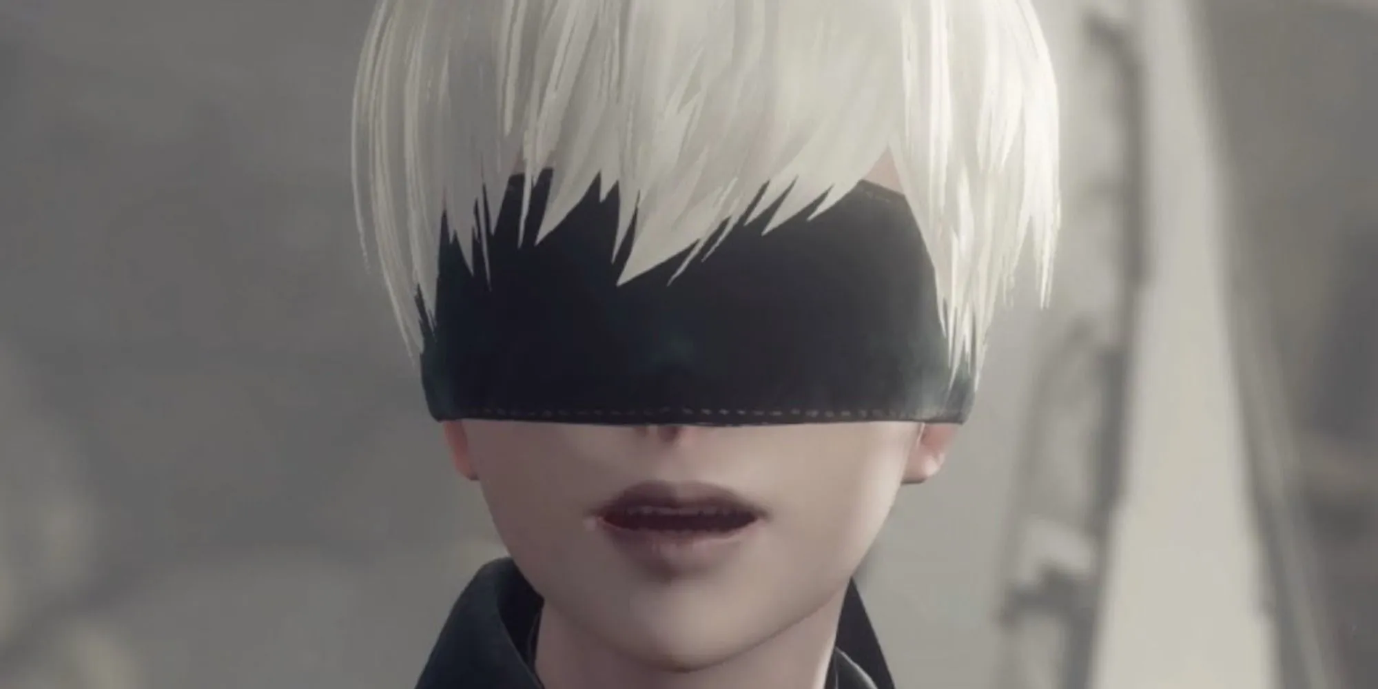 Nhân vật 9S trong Nier Automata nhìn về phía thành phố đổ nát