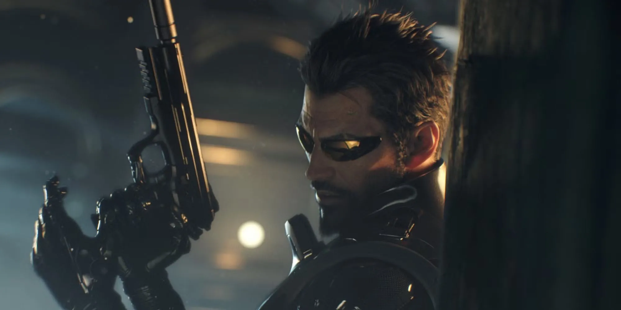 Nhân vật Adam Jensen trong game Deus Ex Mankind Divided với bối cảnh thành phố tương lai tăm tối