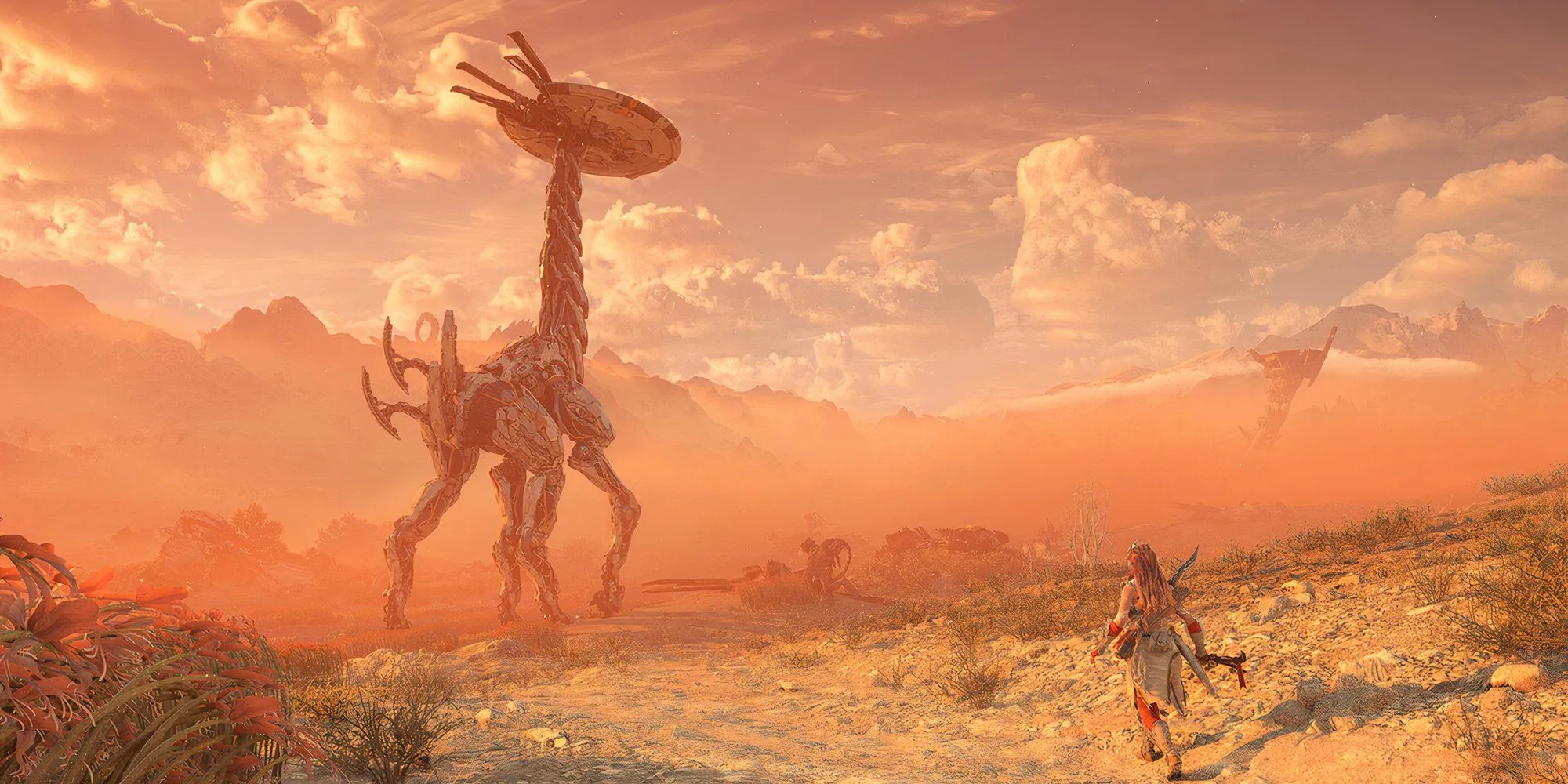 Nhân vật Aloy trong Horizon Forbidden West đối mặt với một cỗ máy khổng lồ.