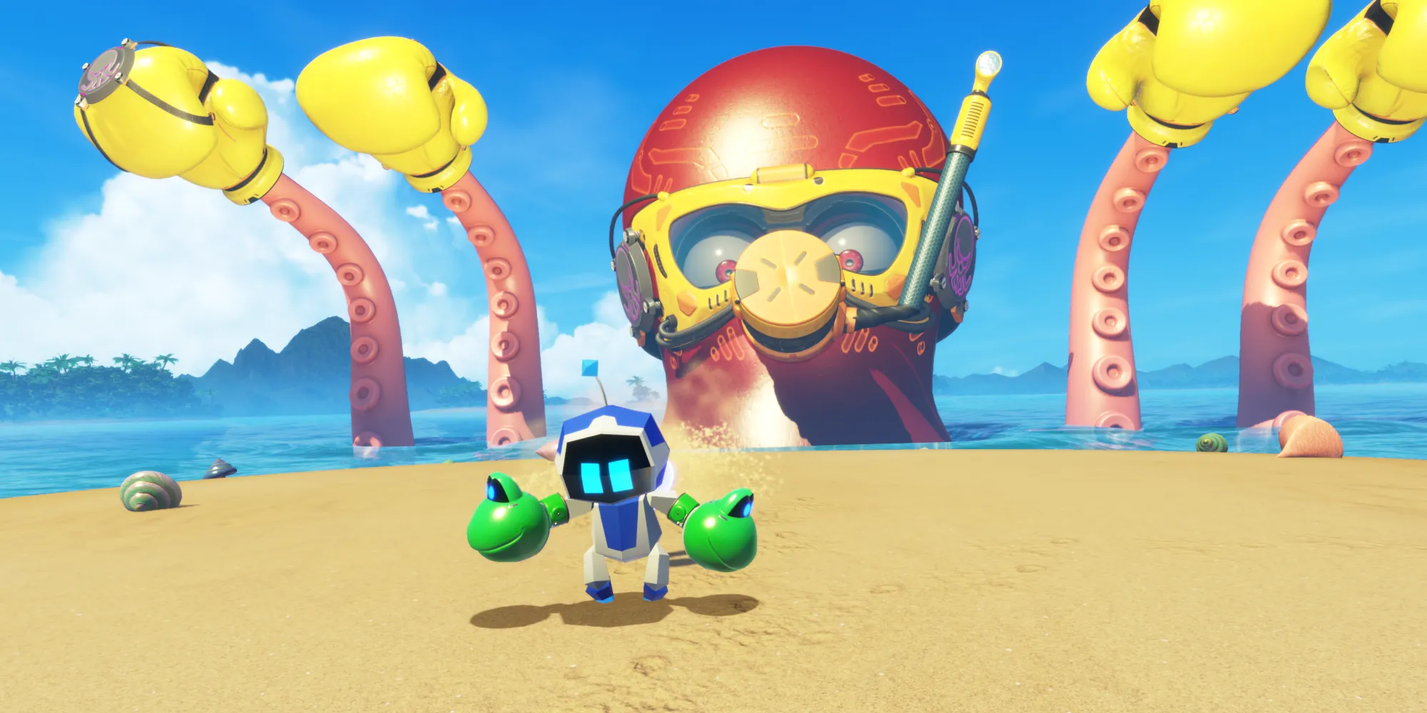 Nhân vật Astro Bot và người bạn robot bạch tuộc Wako Tako trong thế giới game đầy màu sắc