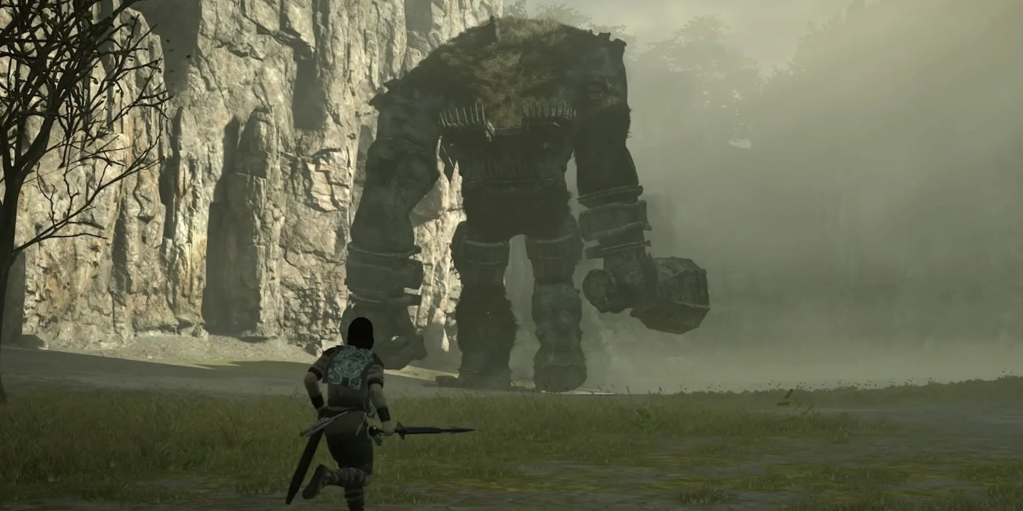Nhân vật chính cưỡi ngựa đuổi theo một Colossus khổng lồ trong Shadow of the Colossus.