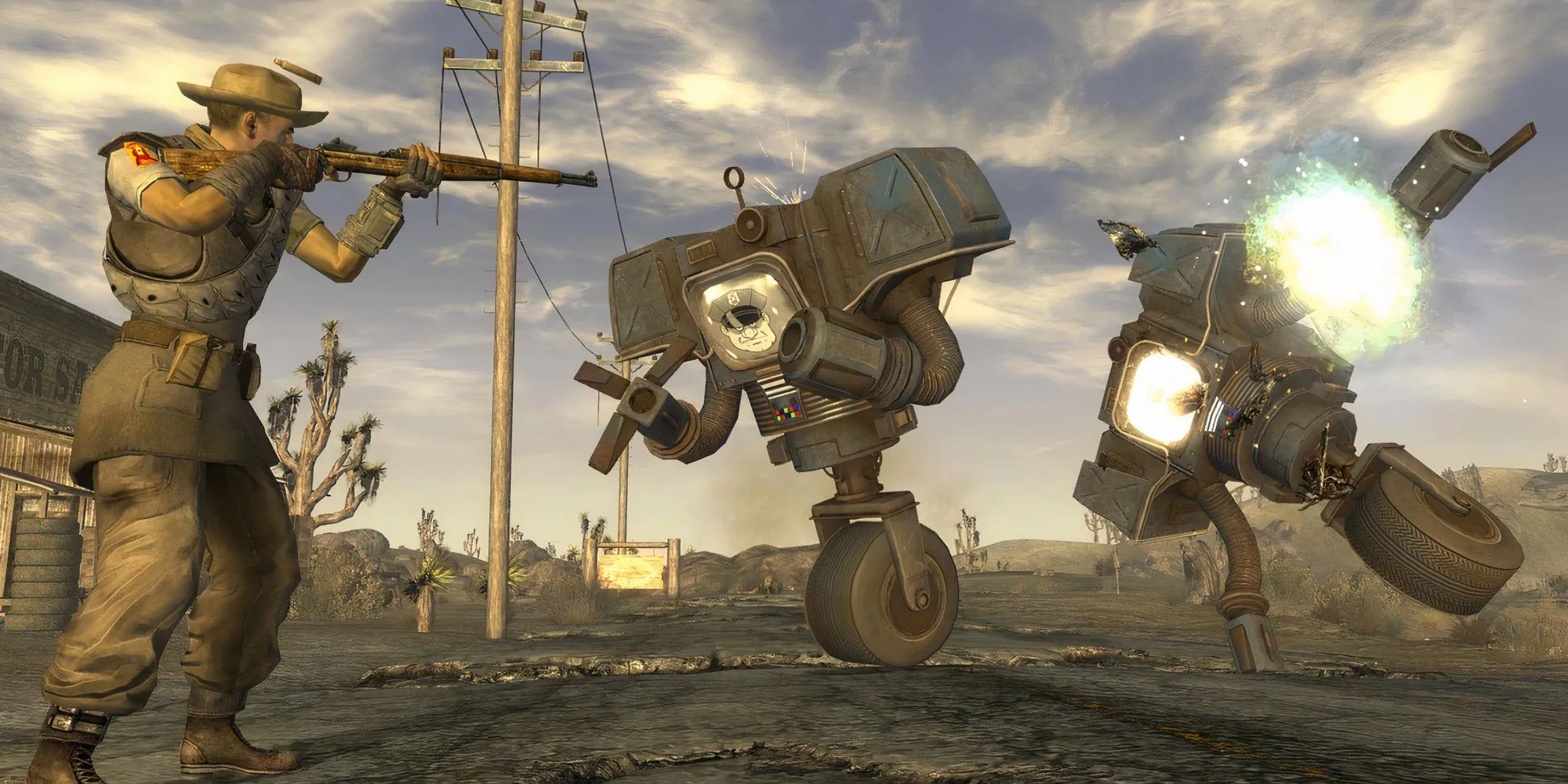 Nhân vật chính Fallout New Vegas đang chiến đấu với kẻ địch bằng shotgun giữa khung cảnh hoang tàn.