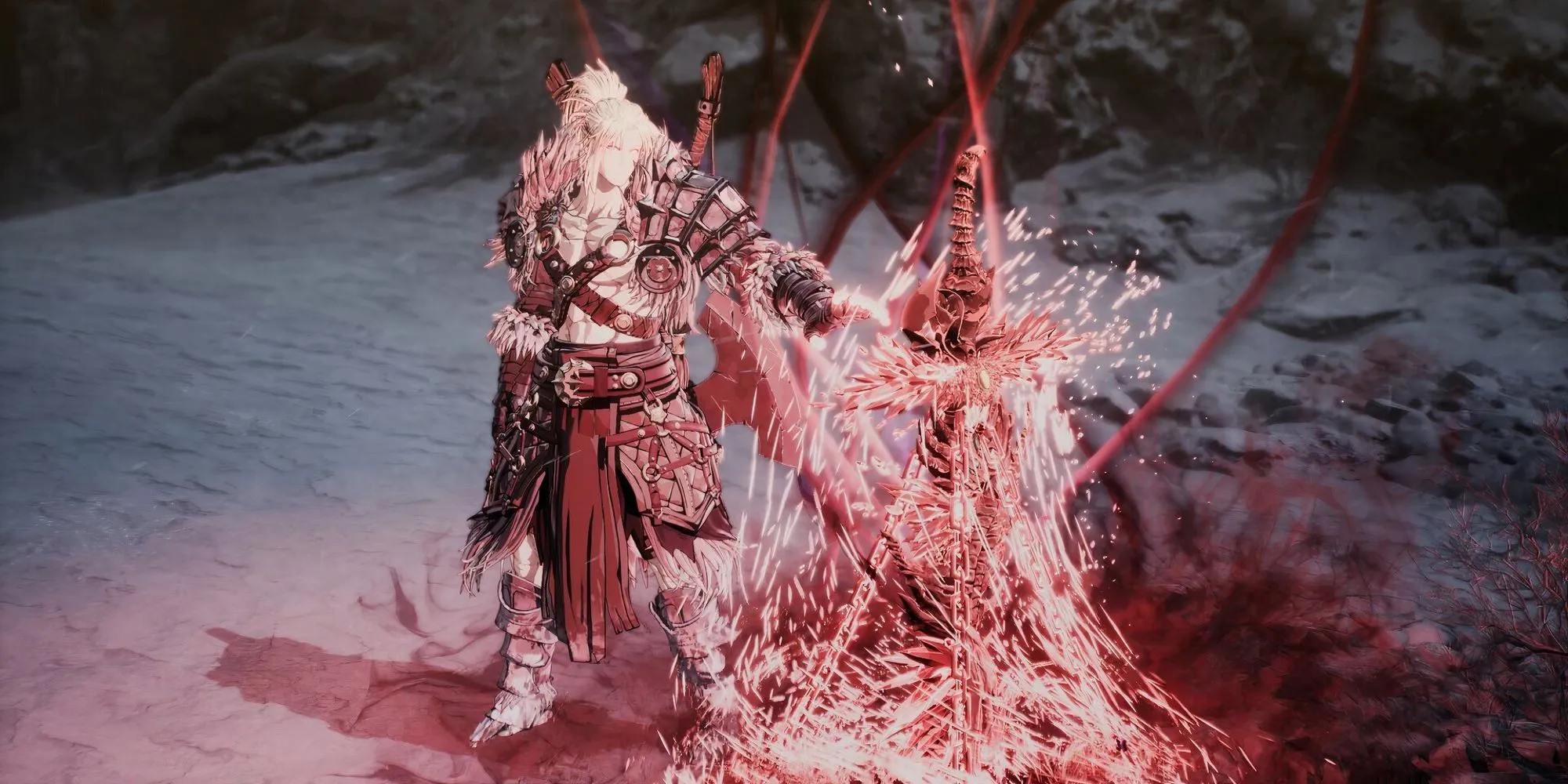 Nhân vật chính Khazan đứng gần Blade Nexus trong The First Berserker Khazan, nơi nâng cấp và hồi phục.