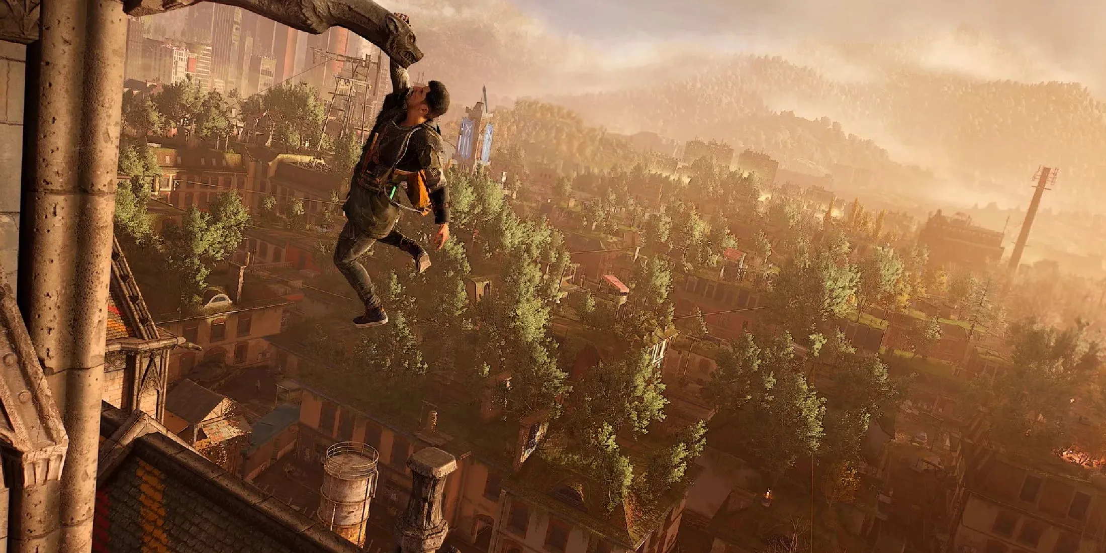 Nhân vật chính trong Dying Light 2 thực hiện cú nhảy parkour giữa các tòa nhà