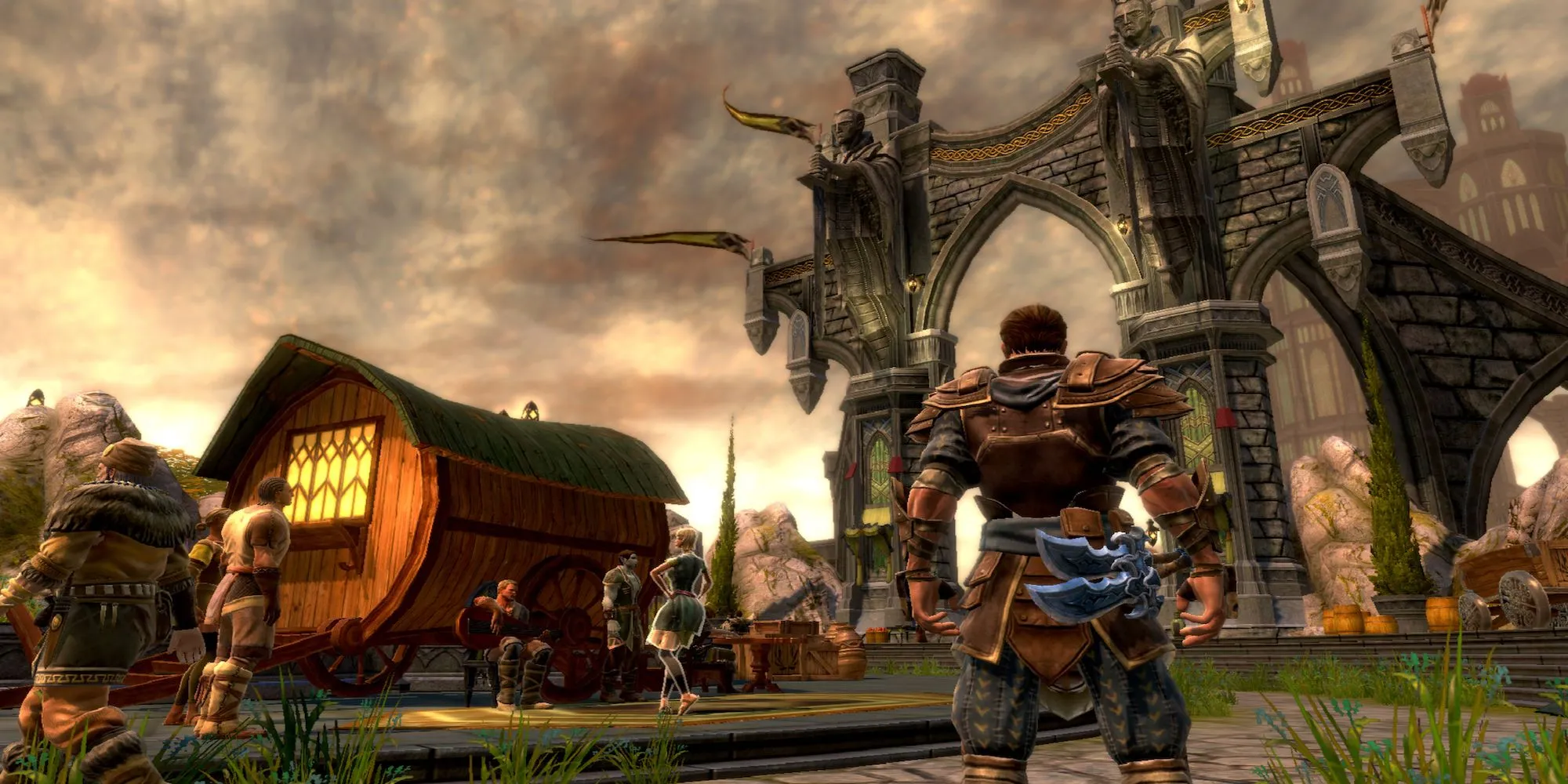 Nhân vật chính trong Kingdoms of Amalur: Reckoning đang chiến đấu với quái vật bằng phép thuật và vũ khí cận chiến