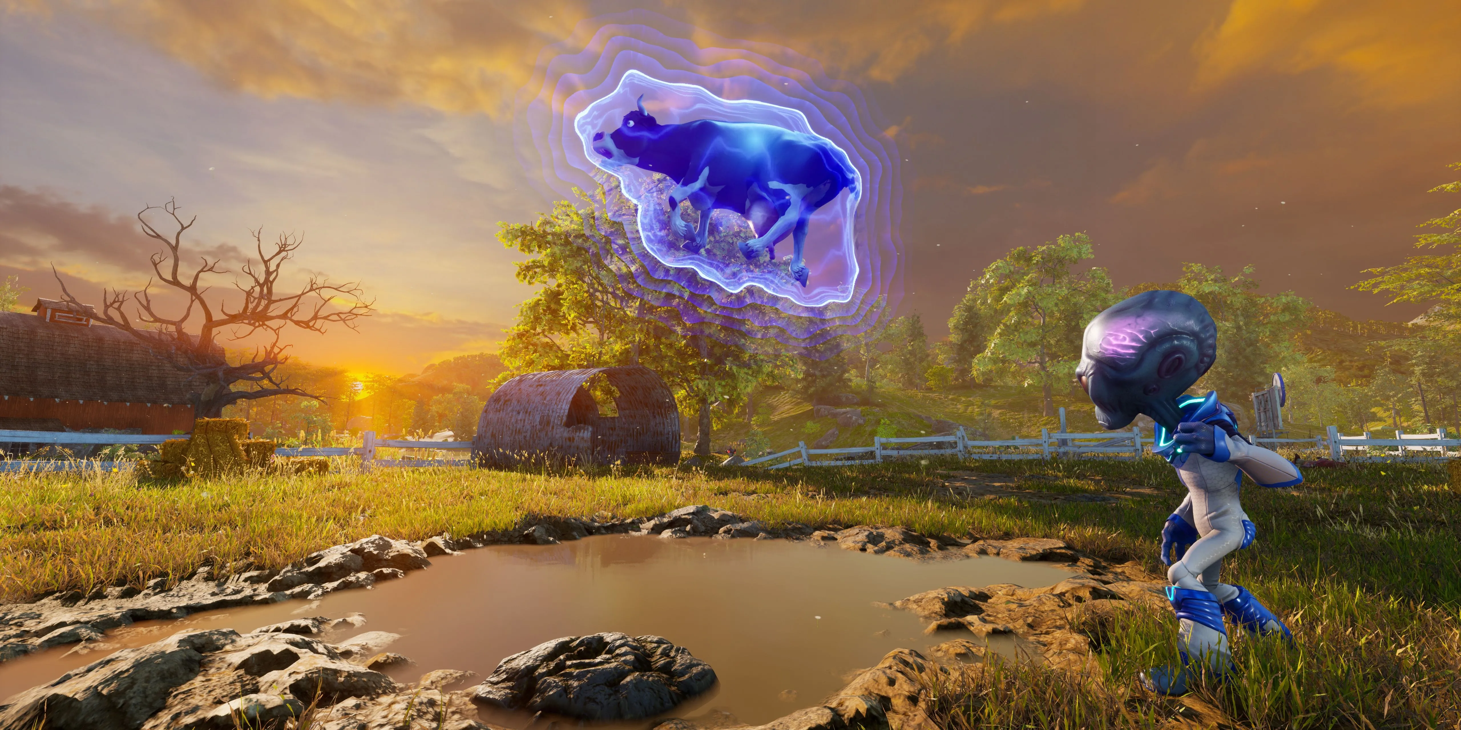 Nhân vật Crypto sử dụng năng lực tâm linh lên một con bò trong Destroy All Humans!, game hành động hài hước về người ngoài hành tinh