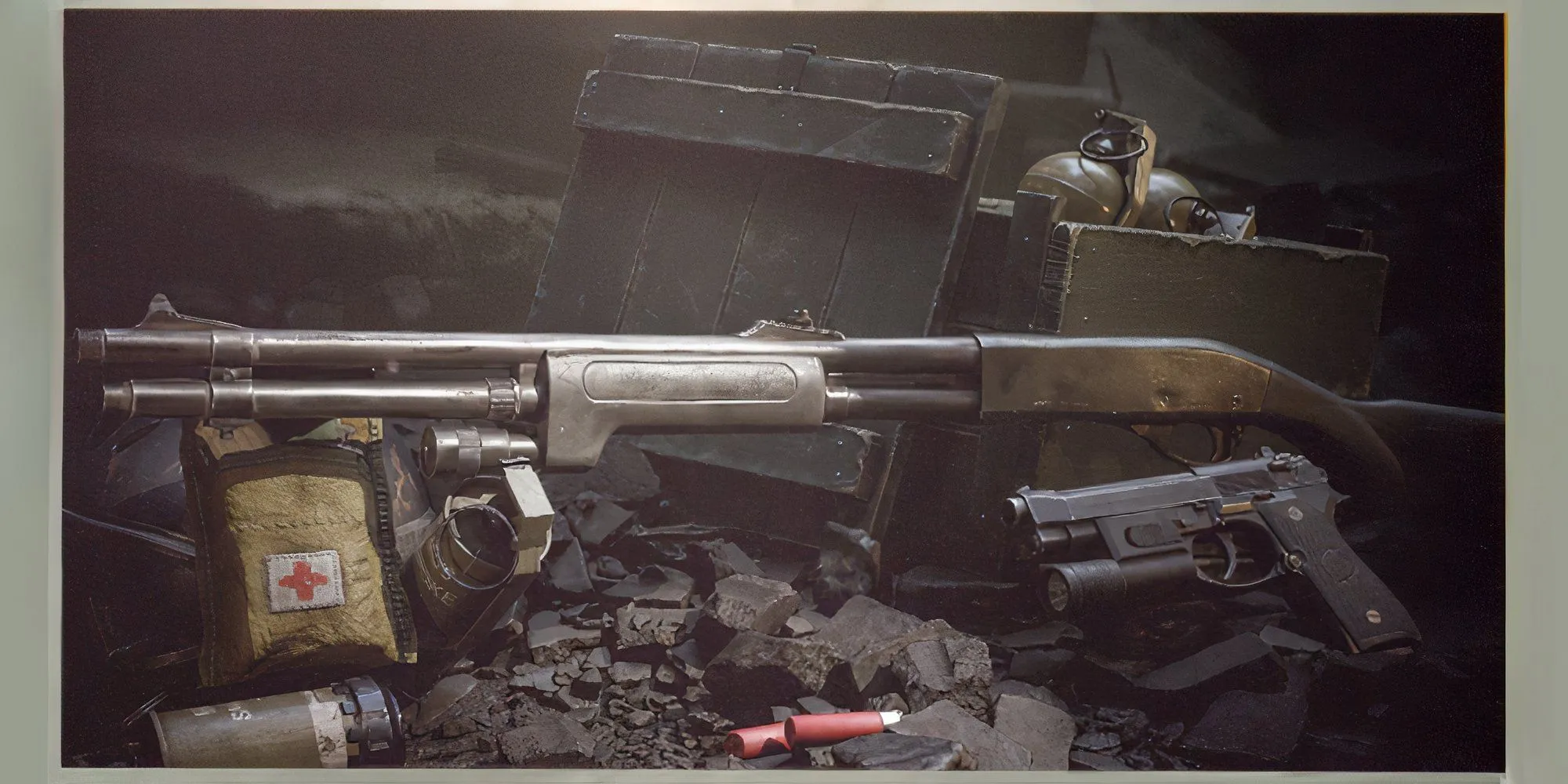 Nhân vật đang cầm khẩu shotgun M870 trong một khu vực tối của game Delta Force Black Hawk Down
