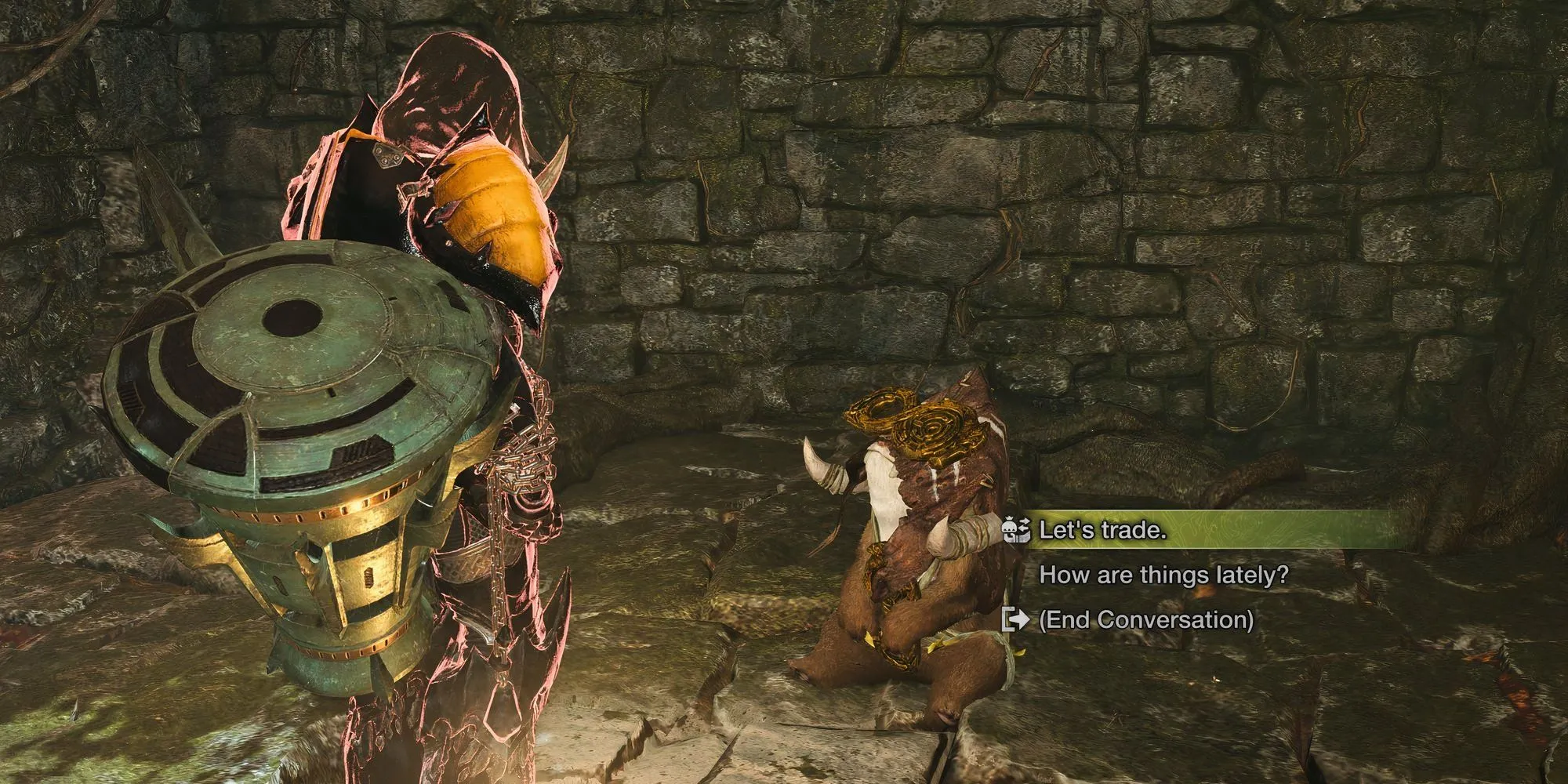 Nhân vật đang chuẩn bị sử dụng Ancient Wyvern Coin để đổi vật phẩm hiếm tại Wudwud Hideout trong Monster Hunter Wilds