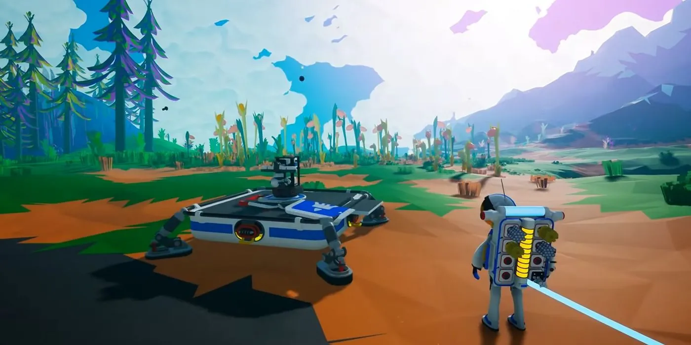 Nhân vật đang khám phá bề mặt một hành tinh trong Astroneer.