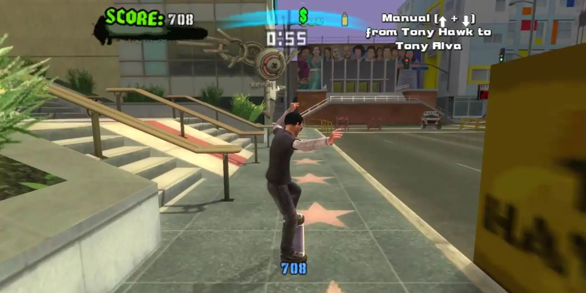 Nhân vật đang thực hiện kỹ thuật manual trên Đại lộ Danh vọng trong Tony Hawk's American Wasteland.