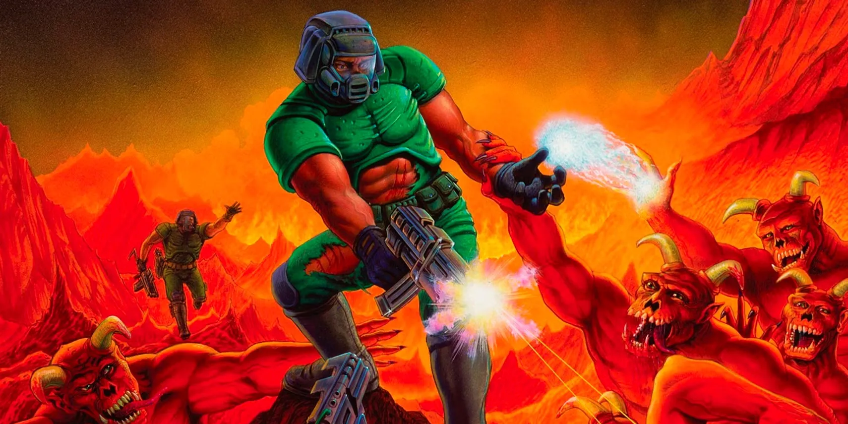 Nhân vật Doomguy chiến đấu với lũ quỷ trong Doom (1993), tựa game FPS tiên phong đầy máu lửa.