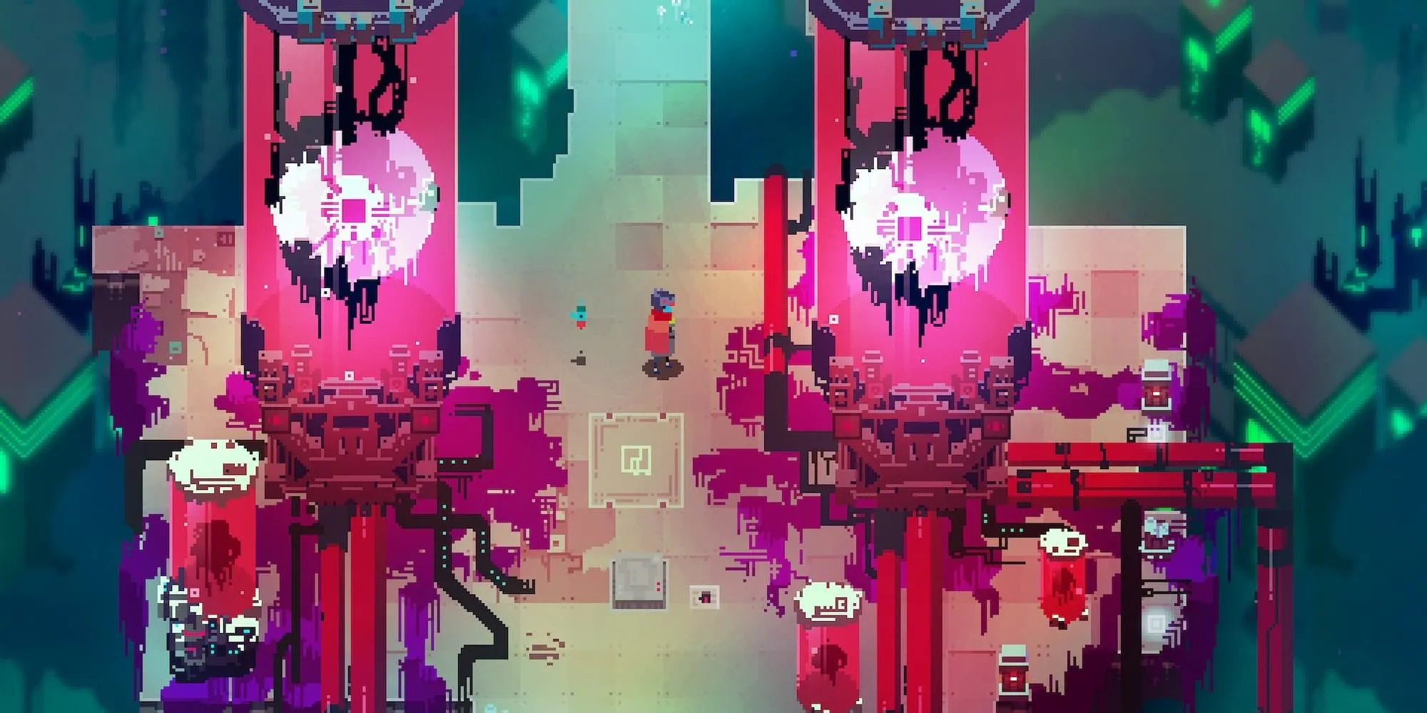 Nhân vật Drifter đứng trên một nền tảng trôi nổi trong thế giới neon của Hyper Light Drifter