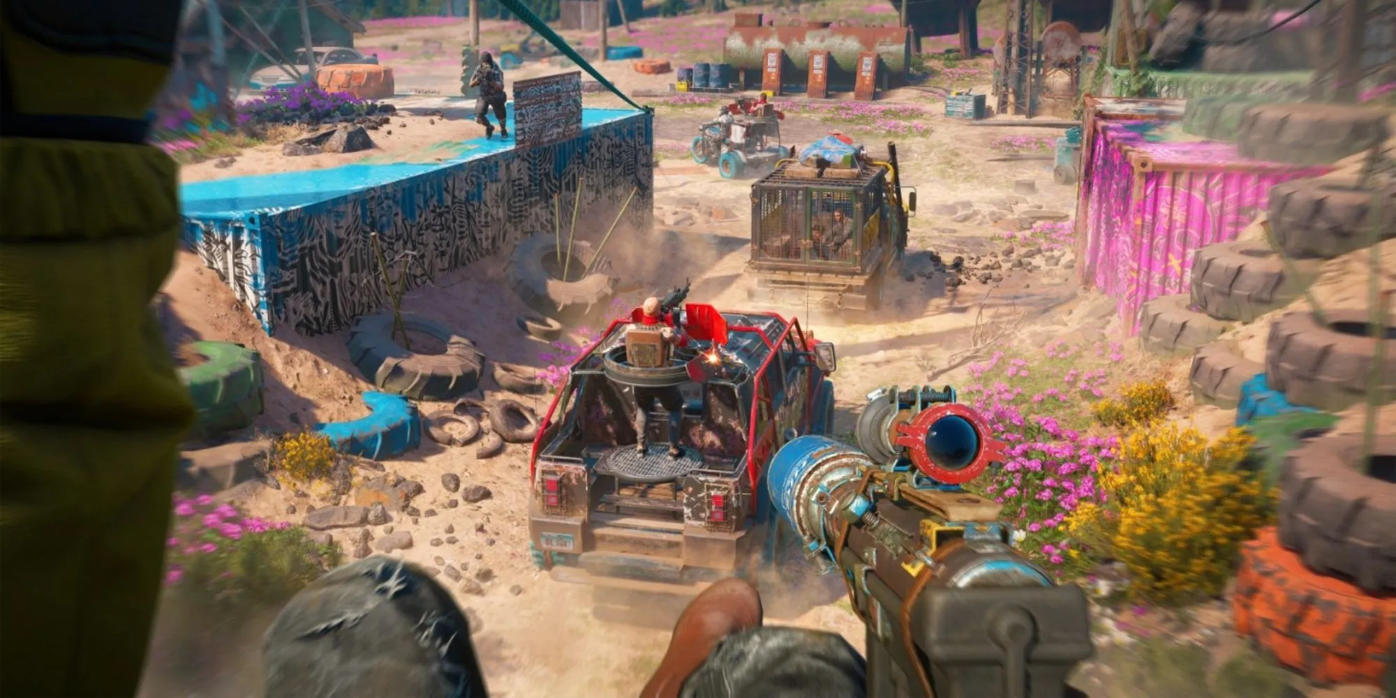 Nhân vật đu dây trong Far Cry New Dawn với bối cảnh hậu tận thế rực rỡ
