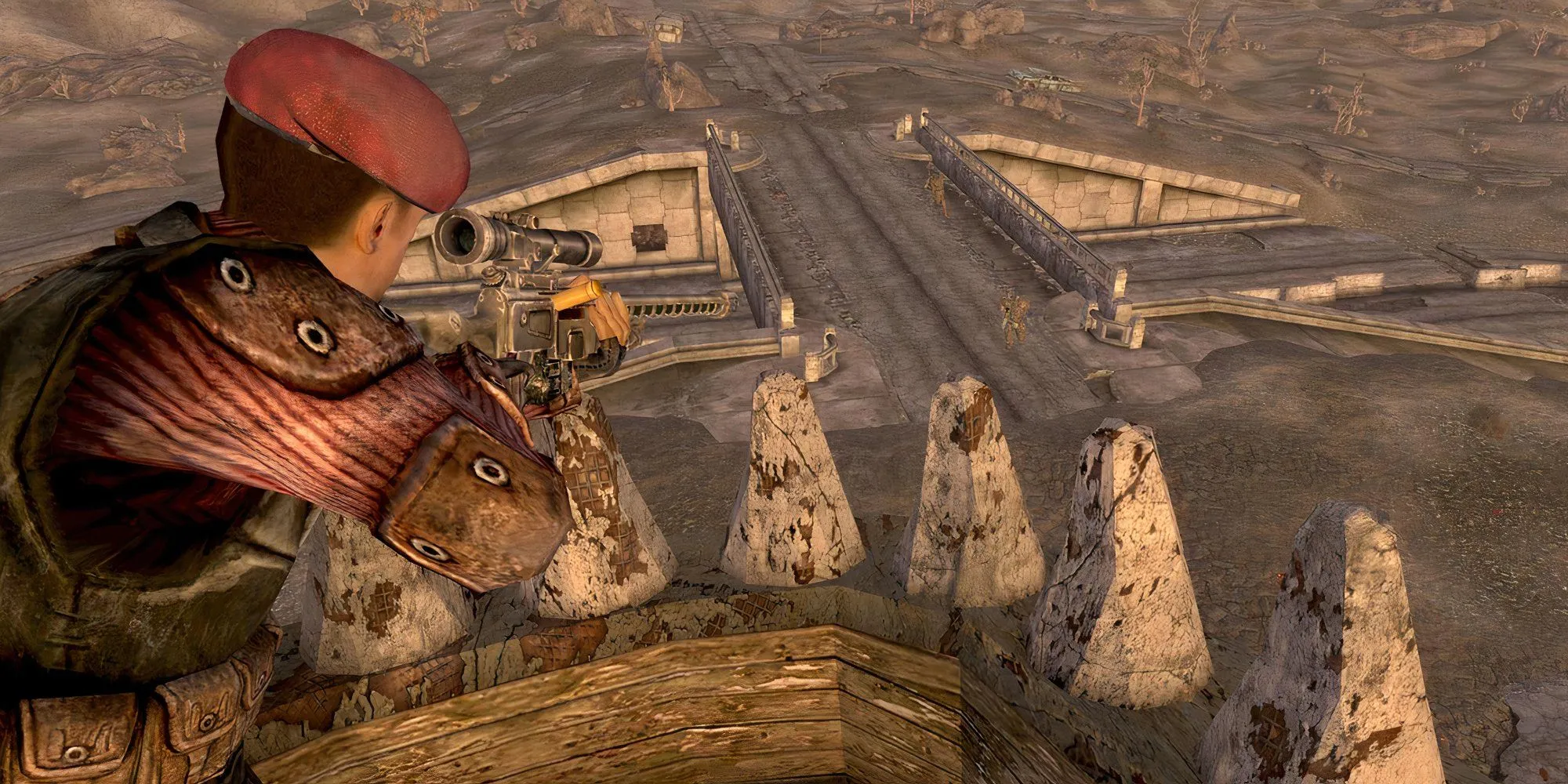 Nhân vật Fallout New Vegas dùng súng bắn tỉa từ trên cao trong thế giới hậu tận thế