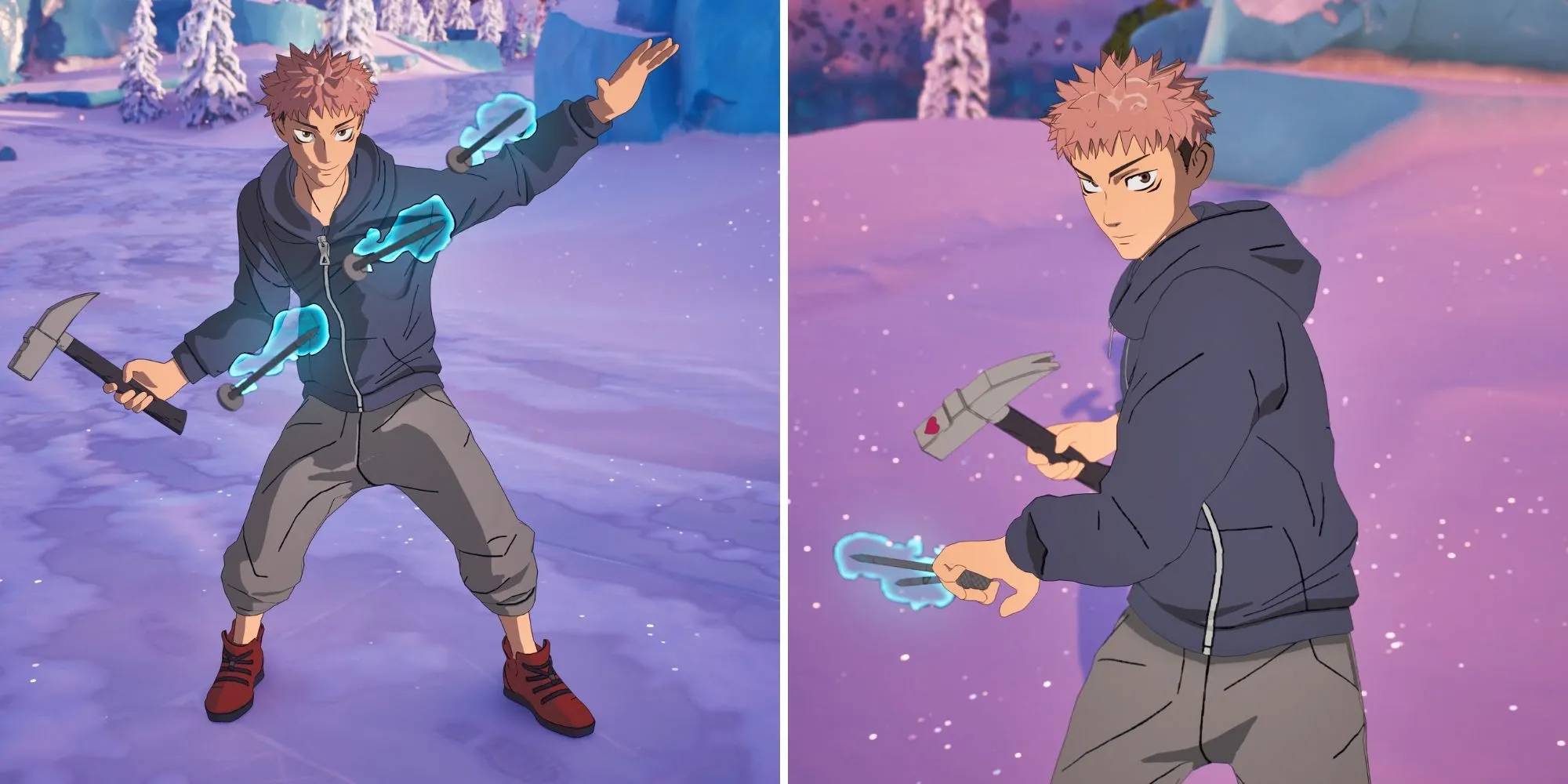Nhân vật Fortnite thi triển B芻Đả Kỹ Thuật (Straw Man Technique) từ Jujutsu Kaisen với ba cây đinh