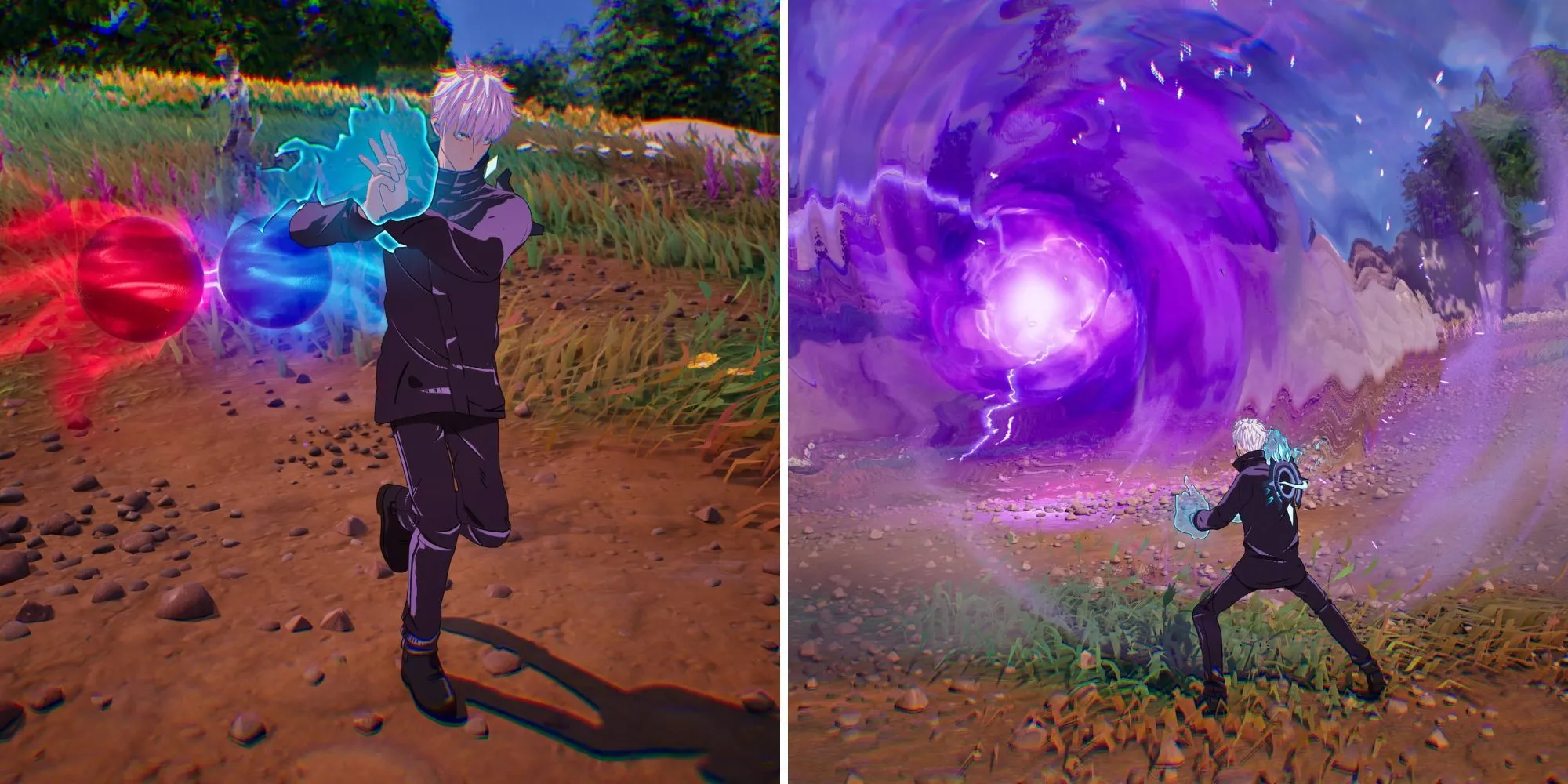 Nhân vật Fortnite tung chiêu Hư Thức Tử (Hollow Purple) của Gojo Satoru tạo ra quả cầu năng lượng tím hủy diệt