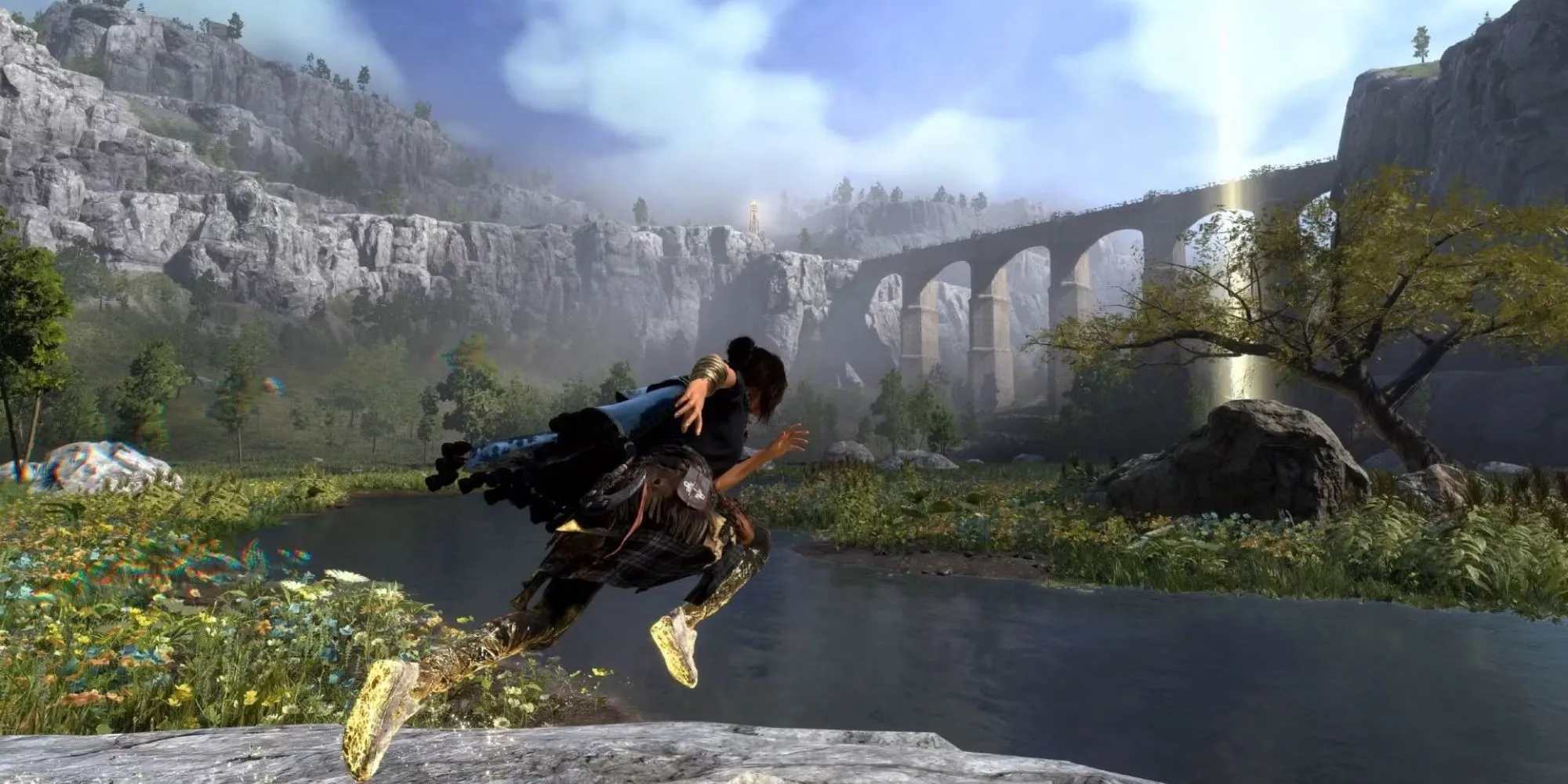 Nhân vật Frey đang thực hiện kỹ năng parkour phép thuật ấn tượng trong game Forspoken