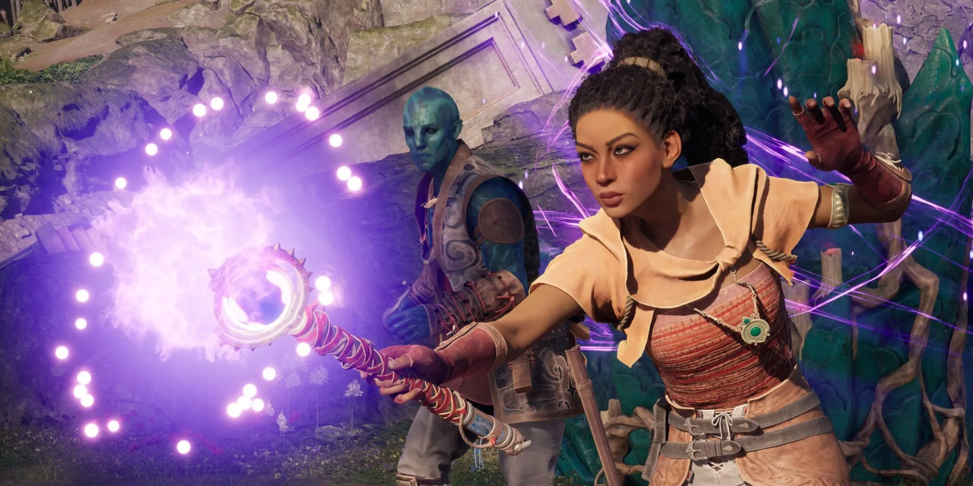 Nhân vật Giatta trong game Avowed đang vận sức thi triển phép thuật Animancy mạnh mẽ.