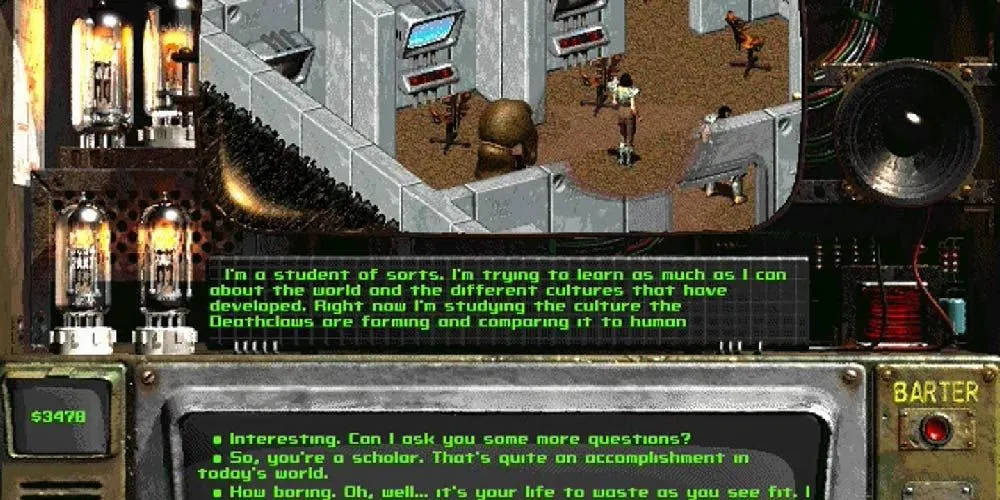 Nhân vật Goris trong Fallout 2 đang thảo luận về việc nghiên cứu văn hóa Deathclaw