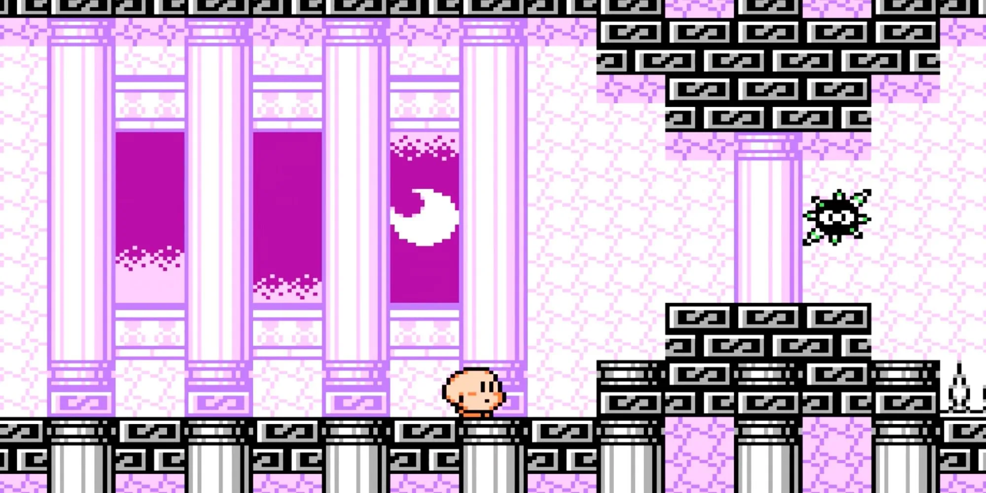 Nhân vật Kirby trong game Kirby's Adventure đang thi triển kỹ năng.