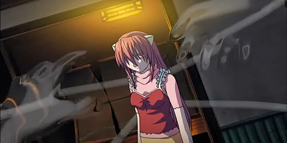 Nhân vật Lucy với mái tóc hồng và đôi sừng đặc trưng trong Elfen Lied