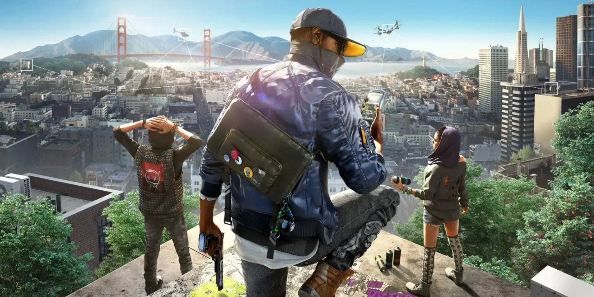 Nhân vật Marcus Holloway, hacker trẻ tuổi, đứng giữa bìa game Watch Dogs 2 với phong cách thời trang đường phố đặc trưng của San Francisco.