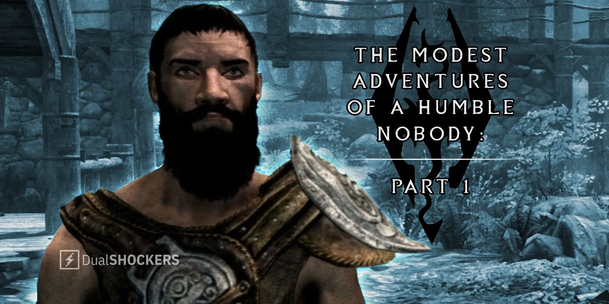 Nhân vật người chơi trong Skyrim đứng giữa khung cảnh Falkreath.