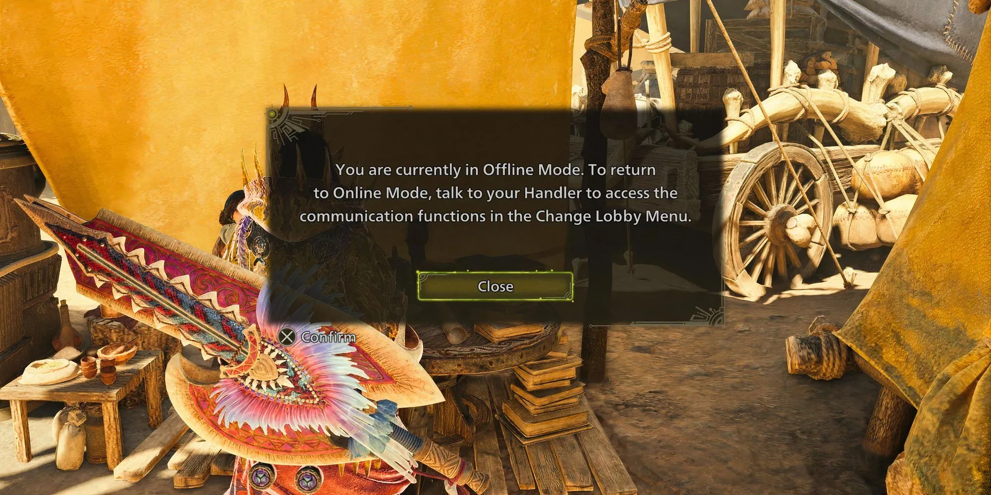 Nhân vật người chơi tương tác với Handler Alma tại khu cắm trại trong Monster Hunter Wilds để vào chế độ chơi đơn